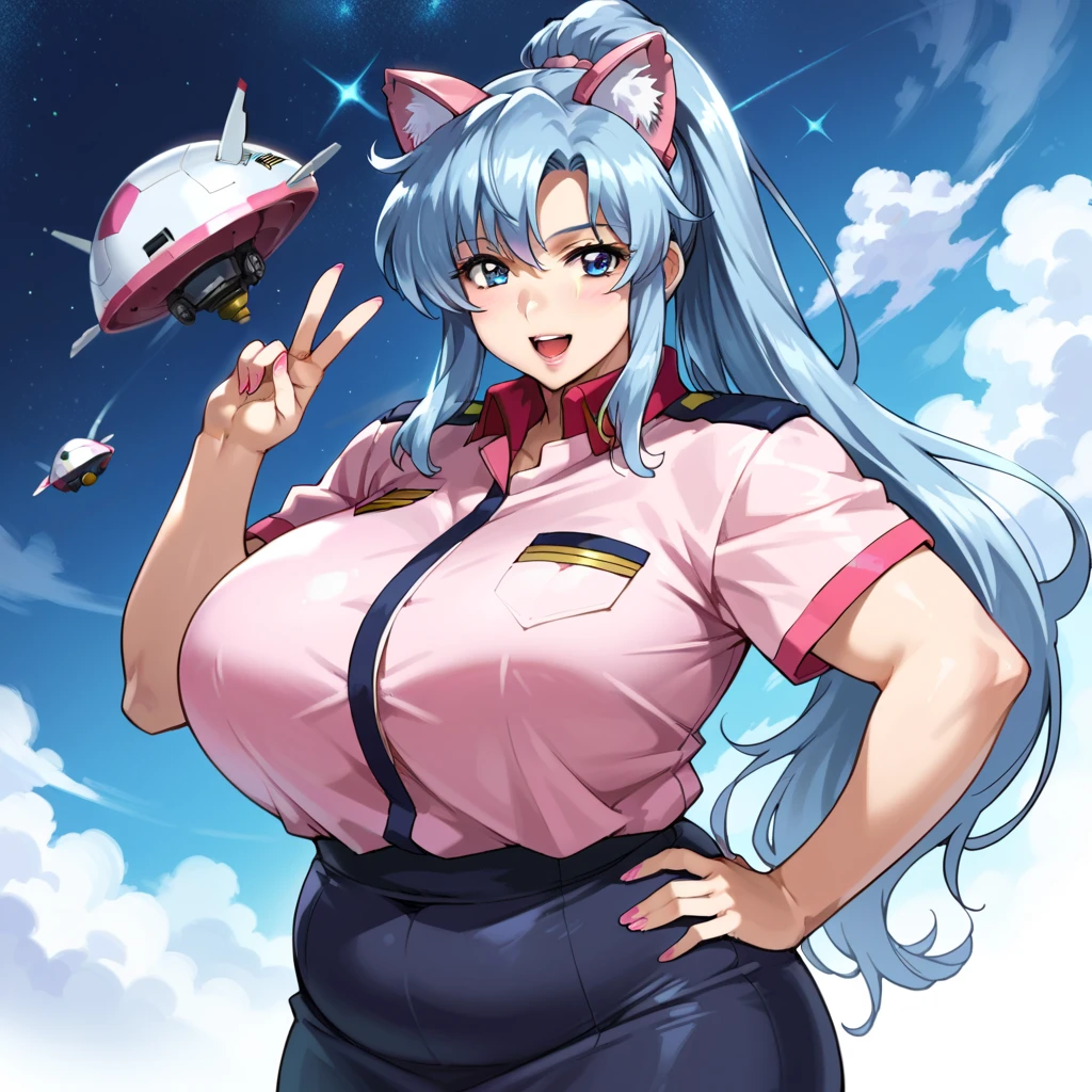 score_9, score_8_up, score_7_up,source_anime,BREAK, gundam_seed, 1girl, She has very long light blue hair ponytail, bright blue eyes, pink metal (mechanical cat ears), round face. she is (FAT) and chubby, with very large breasts, a (plump tummy), wide waist, thick arms, belly fat, wearing a pink officer uniform, with pencil skirt, on a space ship leaning in front of control panels, confident, proud, happy, hand on hip, masterpiece,best quality,amazing quality, Watson cross