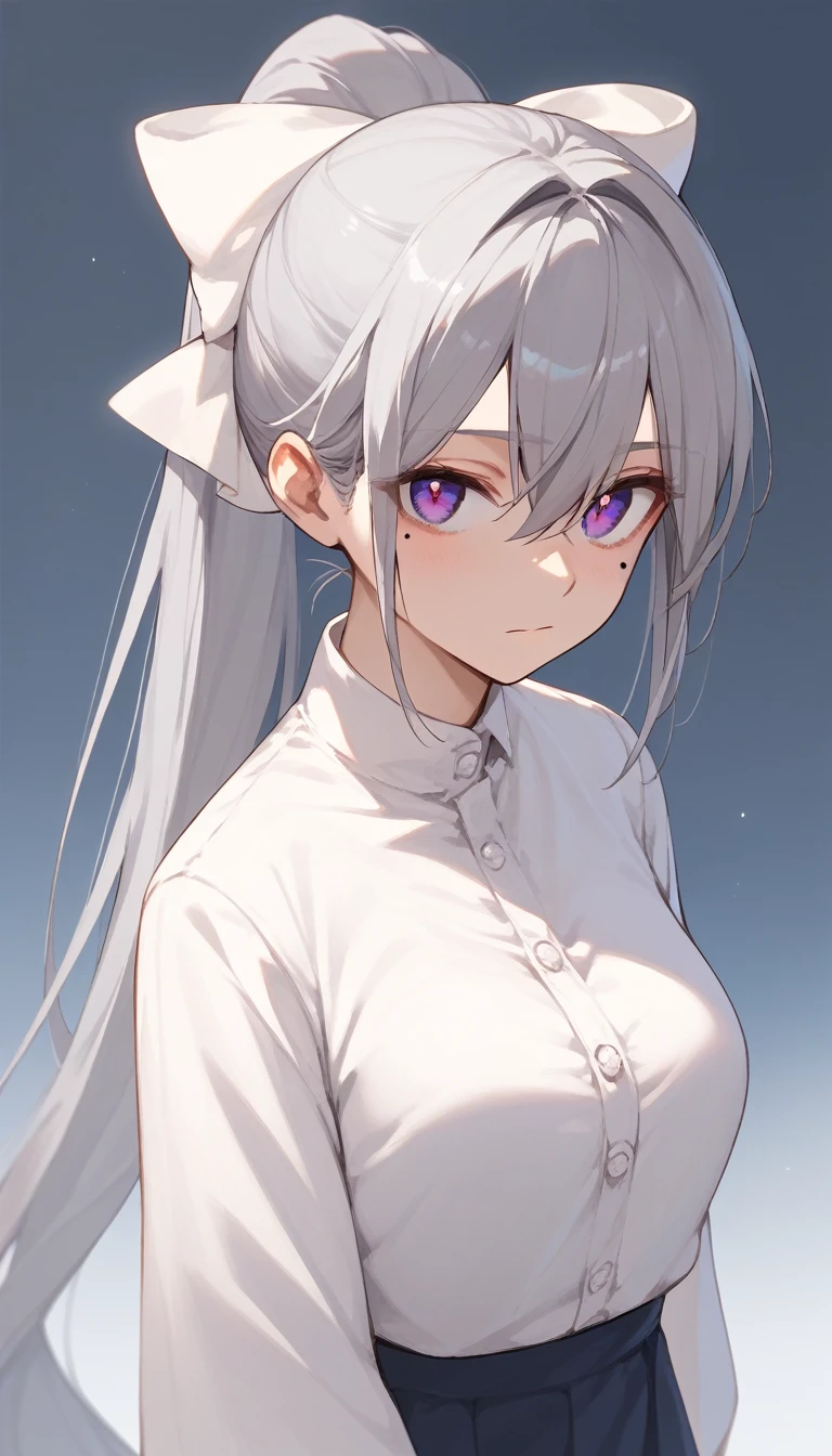  (masterpiece:1.2), ( best quality :1.2),  perfect eyes,  perfect face,  1 girl,hk1, purple eyes, grey hair, hair between eyes, long hair, very long hair, ponytail, mole, mole under eye, bow, white bow