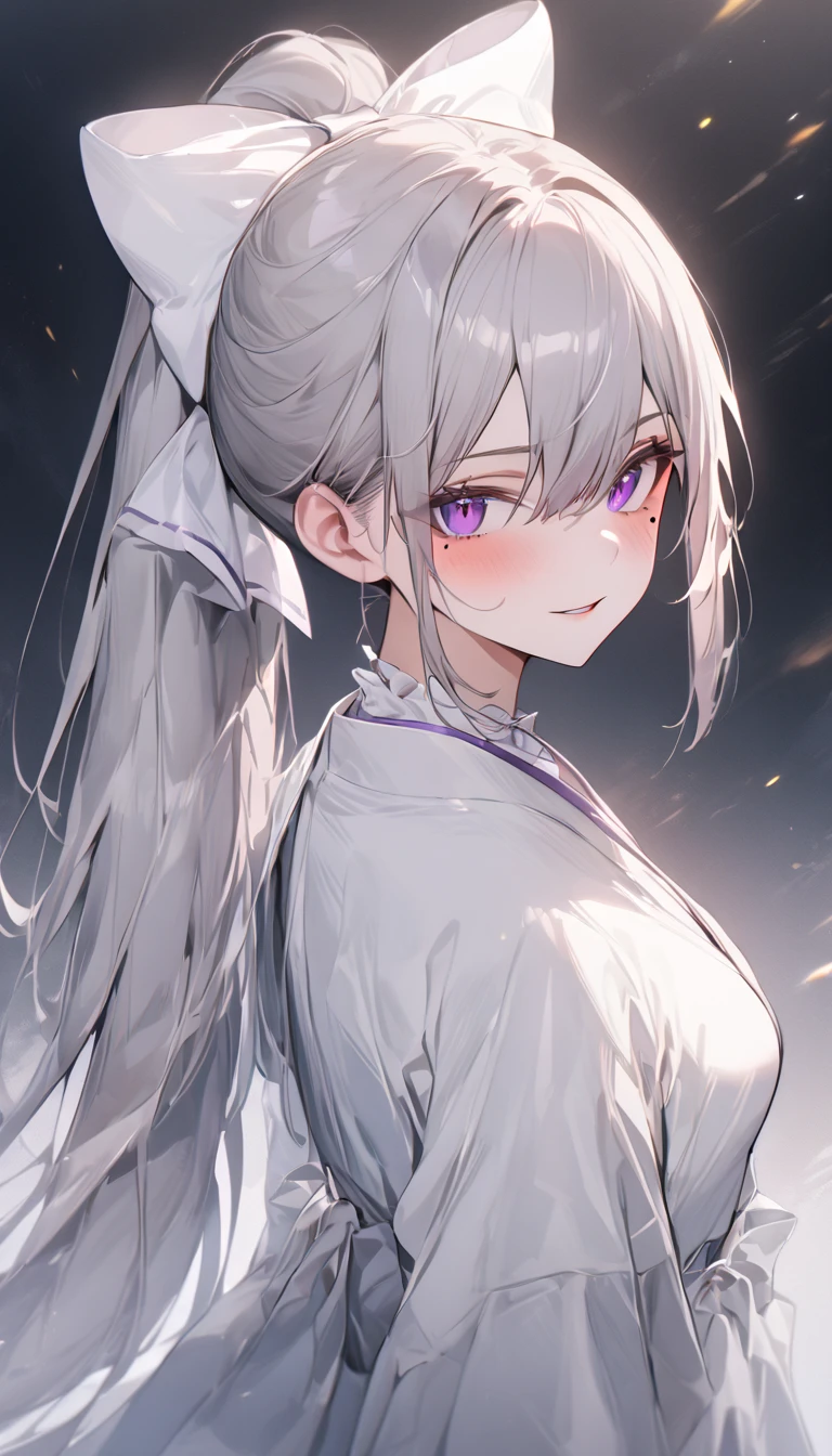  (masterpiece:1.2), ( best quality :1.2),  perfect eyes,  perfect face,  1 girl,hk1, purple eyes, grey hair, hair between eyes, long hair, very long hair, ponytail, mole, mole under eye, bow, white bow