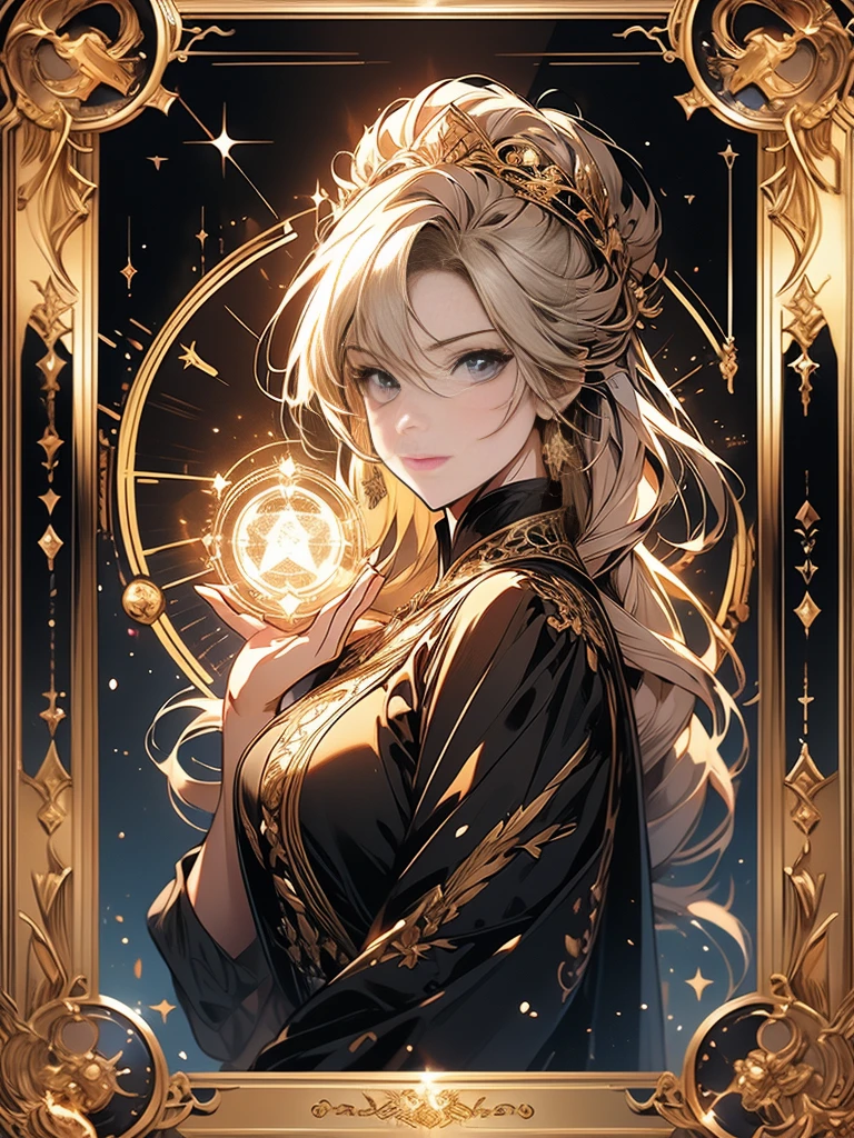 Digital full body illustration featuring a girl of 18 years of 1.81cm height, old with white skin, blonde super short hair in a military style, cut at the nape of the neck with locks that go down to his ears, with a part that divides the hair on the right side of his faceand intricate facial features with golden tatooes, bllue warm eyes. She is dressed in a sleek, form-fitting black dress with gold geometric patterns on the shoulders and sides, and a high slit revealing a white inner layer. Her hair is styled in an elaborate updo adorned with gold accessories. She holds a glass of pink liquid in her right hand. In the background is a golden space. The overall style is modern and elegant, with a focus on detailed character design and fashion elements.