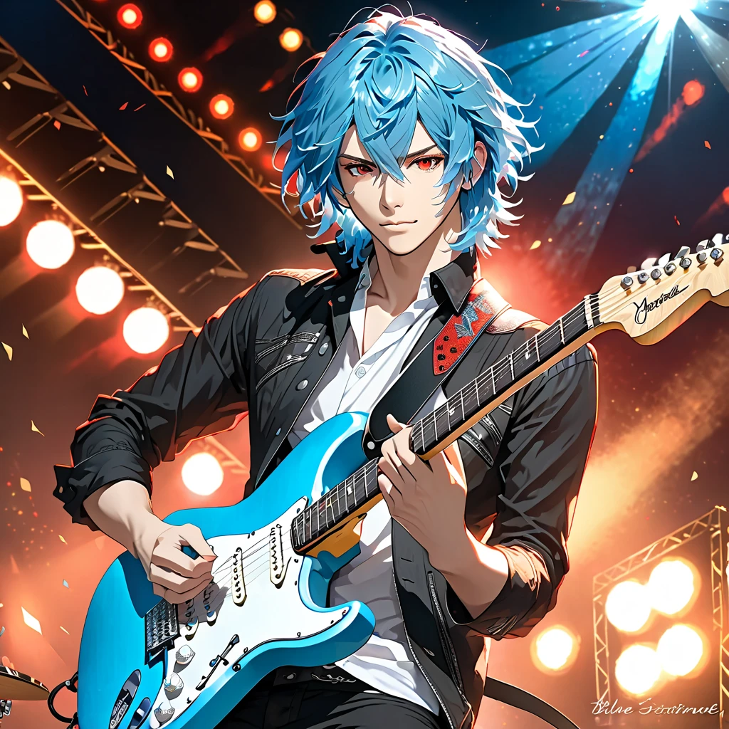  Live Performance, alone, Guitar,  high definition ,  best quality,  textured skin, Stratocaster , hair that flutters like, Blue Hair/Light blue hair, Red eyes,  eyes sparkle, youth, handsome,