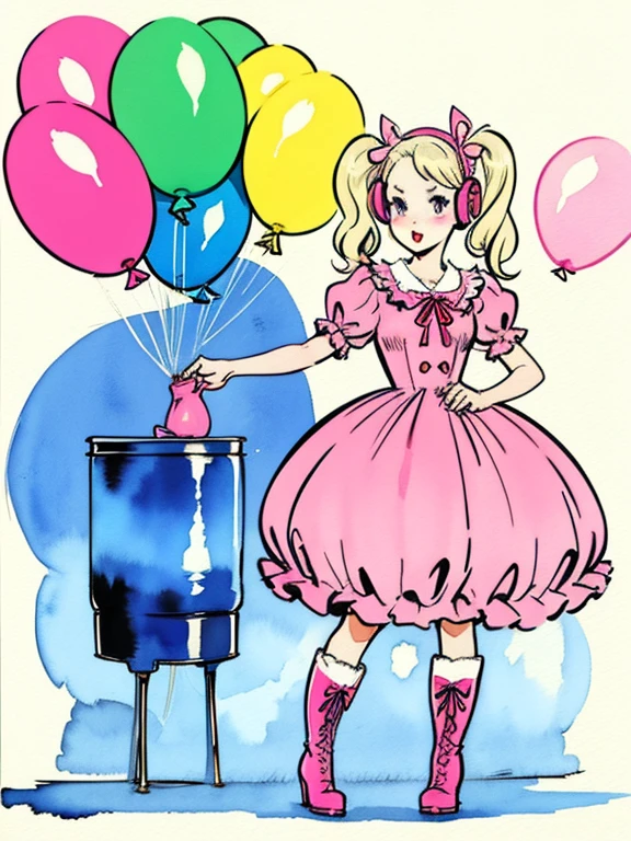 catsuits、Headphones、watercolor、 pigtails , big ribbon, ****,  I'm  girl、boots、50s Style, bursting balloons, full body,