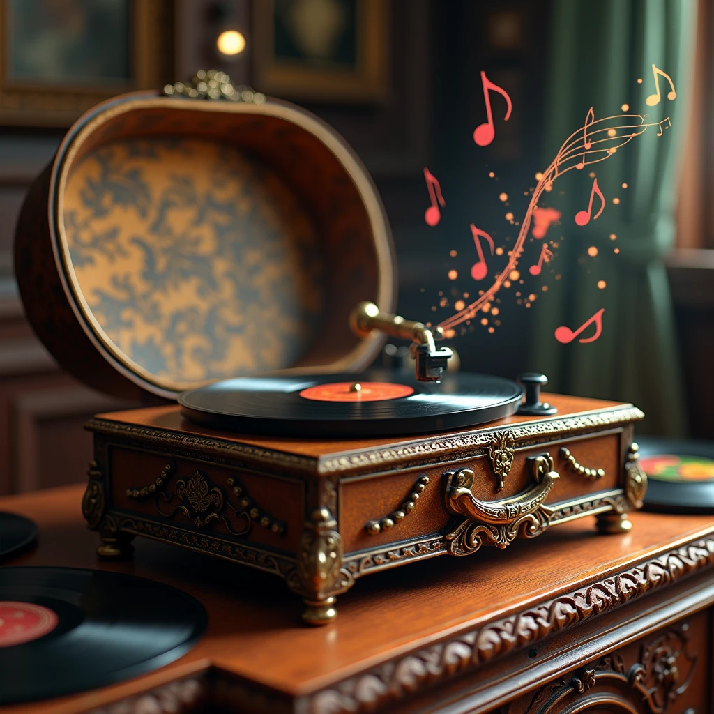  An old record player with carved Convex Lacquered Patterns ,  Gramophone Record Playing Music Sounds Draw notes, Picture Notes in the Air , Close-up Player ,  Different vinyl records are standing next to each other on the table , 8 k,  Complex Details , bright colors, masterpiece,  best quality ,