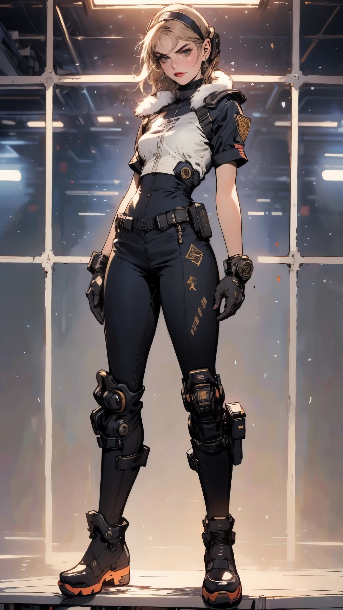 (masterpiece:1.2, best quality:1.2, extremely delicate:1.2), ((Alexandra Daddario:1.2)), a girl with short light golden hair, a metal headband on her forehead, icy gaze, detached expression, smooth and exquisite facial appearance, perfect body, perfect skin, porcelain skin, pale skin, sci-fi military uniform, short sleeves, gloves, short skirt integrated with the outfit, dark fitted pants, knee-high military boots, the color scheme is primarily White with Blue and Yellow accents, surrounded by AR virtual interfaces, standing in a futuristic sci-fi-styled room, this character embodies a finely crafted futuristic sci-fi female officer in anime style, exquisite and mature art style, exquisite photography, Photo realism, photorealistic, even and soft lighting on face, dramatic, high definition, highres, ultra-detailed, ultra-fine painting, professional, perfect body proportions, anatomically correct, symmetrical face, extremely detailed eyes and face, high quality eyes, creativity, RAW photo, UHD, 32k, portrait lighting, Natural light, cinematic lighting, (masterpiece-anatomy-perfect:1.2)
