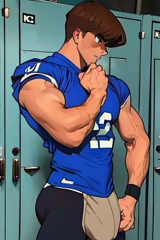 Seto Kaiba from Yu-Gi-Oh, bodybuilder, sweaty, defined body, big legs, locker room, leaning against the lockers, wearing football uniform, vapid stare, sweaty body, big bulging crotch, shoulder pads, football jersey, football cleats, football pants, hypnotized blank stare, open mouth, hyper muscles, hyper swollen crotch bulge, bro, dumber, IQ drain, meathead, musclehead, dumb jock, brainwashed, flexing, hyper crotch bulge, big biceps, big triceps, big traps. broad shoulders, big meaty pecs, big thighs, thick glutes, bubble butt, hyper muscles, football team assimilation, brainwashed, brainwashing, glowing eyes, bro, mindless, "I am a big dumb jock boy.... I am a big dumb jock boy.... I am a big dumb jock boy.... Make more jocks.... Join the team.... You'll be a big dumb jock boy.... Obey, be a good dumb jock boy.... Grow to a big dumb jock boy....  Become just a big dumb jock boy.... No more than a big dumb jock boy.... Give up. Give in. Transform. Enjoy the fate of a big dumb jock boy. Like me, you're a big dumb jock boy.... I am a big dumb jock boy.... Just be a big dumb jock boy.... Must be a big dumb jock boy.... No more than a big dumb jock boy...."