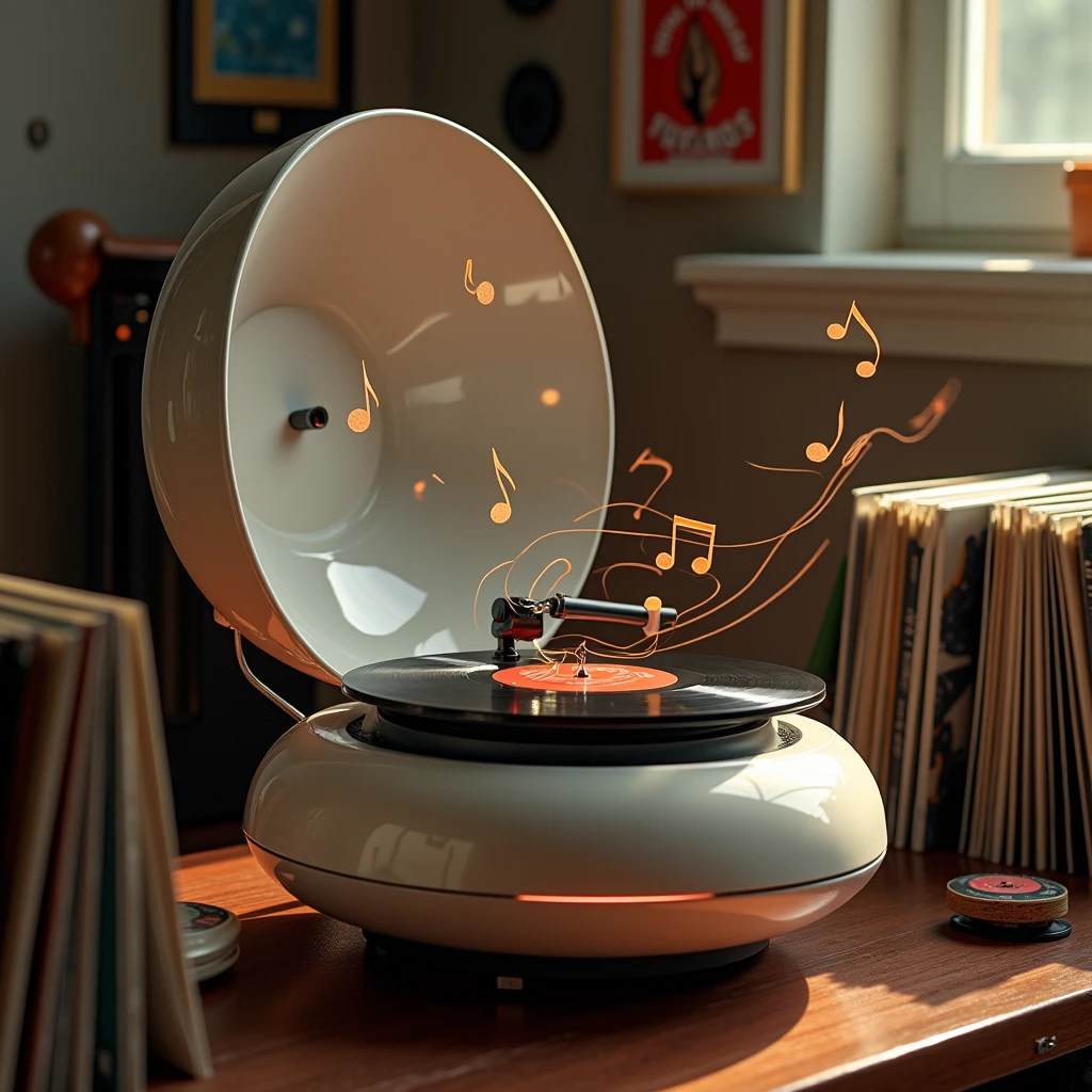  An old record player with carved Convex Lacquered Patterns ,  Gramophone Record Playing Music Sounds Draw notes, Picture Notes in the Air , Close-up Player ,  Different vinyl records are standing next to each other on the table , 8 k,  Complex Details , bright colors, masterpiece,  best quality ,