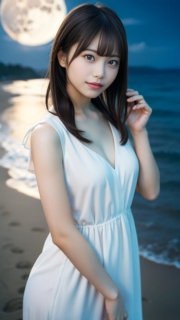 in 8K,Best Quality:1.4, 超A high resolution:1.5, (Photorealistic:1.4),masterpiece:1.2,(top-quality:1.4)、 Raw photo、 (the background is blurred), sea side, sand beach, 1日本人の女の子, Cute, (Solo:1.4), (Shy smile), Smooth skin、White Dress、 (Brown medium hair,Bangs), (touch hair:1.4),nogizaka,,Supple fingertips,Beautiful black eyes、dual、natural skin textures:1.3, realistic eyes and face details:1.7、middlebreasts、Moon Night、Gravure Pose:1.1、Toned buttocks:1.5、gazing at viewer、harvest moon、fullmoon、illuminated by the moonlight、mystic atmosphere、Fantastical