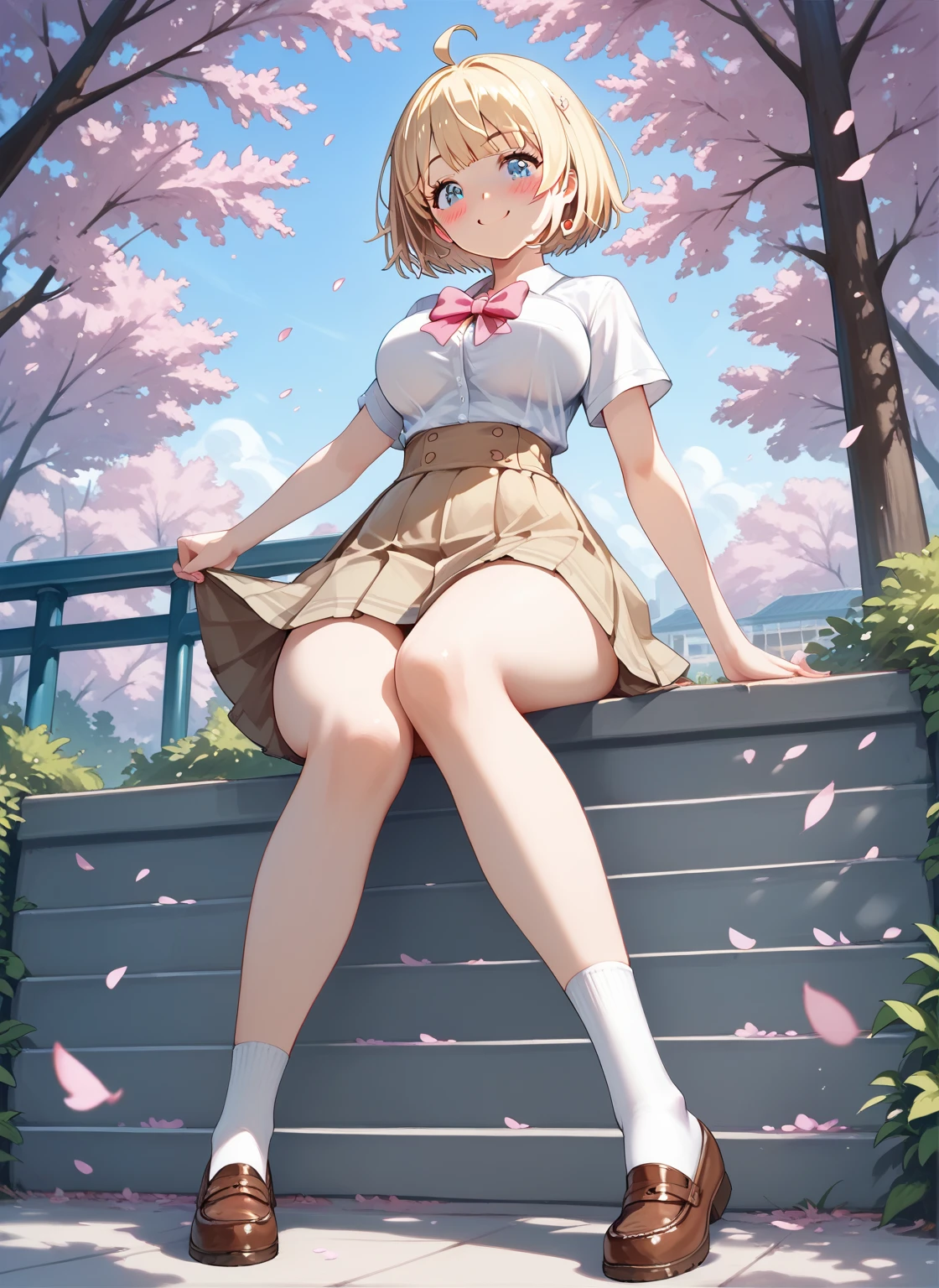 looking at the spectator , Alta quality, preciso, masterpiece, Detalle, a girl (sexy full body,  Short Hair, fringe, blonde hair, Ahoge,  Blue eyes , blush, smile  , spark,  big breasts ,  thin waist ,  Big butt ),  Dressed in school uniform ( White t-shirt with pink bow and open neckline Short brown skirt school sock up to below the knee black),  Raising her skirt slightly showing her white underwear In a park with cherry blossoms in the afternoon, surrounded by nature,