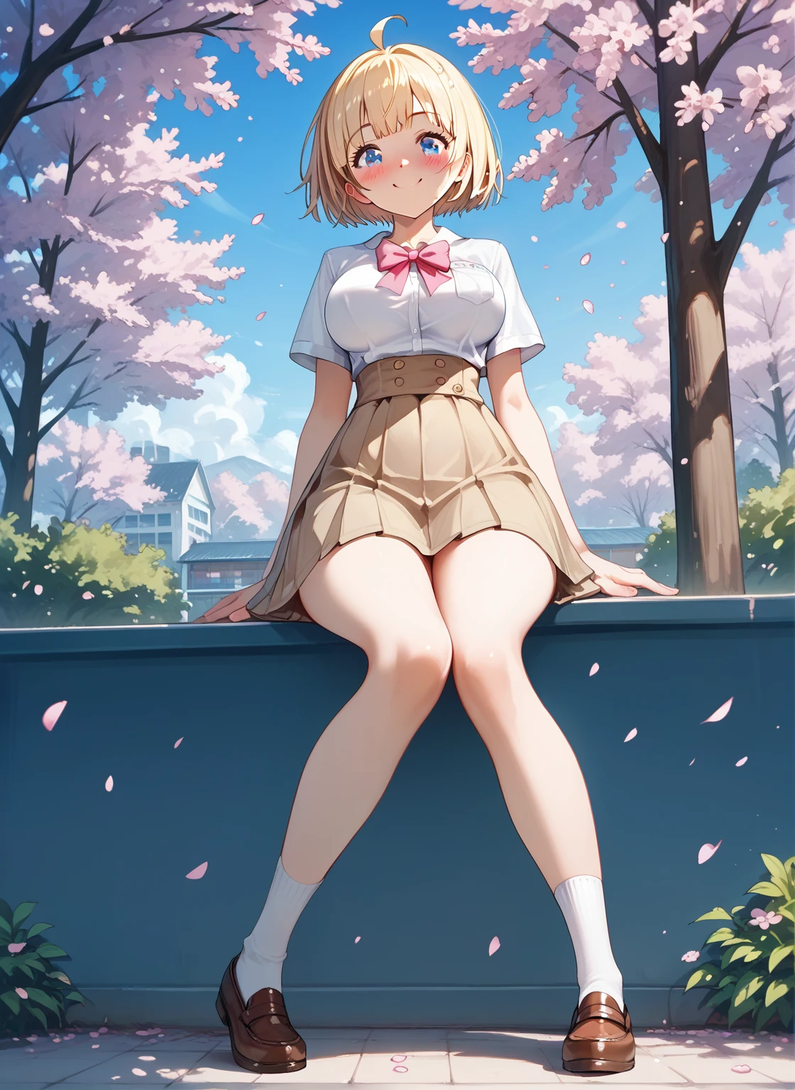 looking at the spectator , Alta quality, preciso, masterpiece, Detalle, a girl (sexy full body,  Short Hair, fringe, blonde hair, Ahoge,  Blue eyes , blush, smile  , spark,  big breasts ,  thin waist ,  Big butt ),  Dressed in school uniform ( White t-shirt with pink bow and open neckline Short brown skirt school sock up to below the knee black),  Raising her skirt slightly showing her white underwear In a park with cherry blossoms in the afternoon, surrounded by nature,