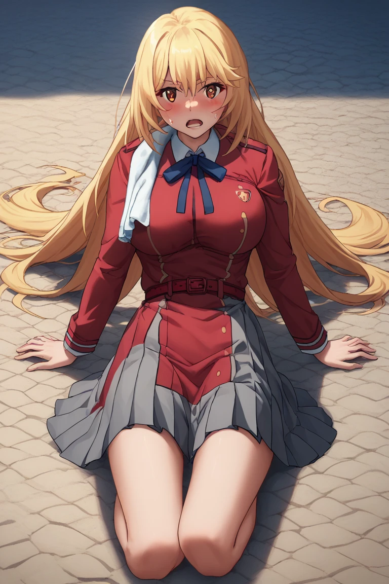 Misaki Shokuhou, large breasts, shirt, long sleeves, dress, ribbon, white shirt, collared shirt, belt, neck ribbon, red dress, blue ribbon, pleated dress, grey dress, two-tone dress, red belt, lycoris uniform,, (hang a towel around shoulders:1.2), blush, steam, flowing sweating, open mouth, grabbed own breast, lie on back, lie on ground, from front, looking at viewer, clear sky, river side, grass, road, full-body shot, masterpiece, best quality, ultra-detailed, high resoolution, 8K, detailed background, (motion line:1.2), dynamic moving, detailed face,