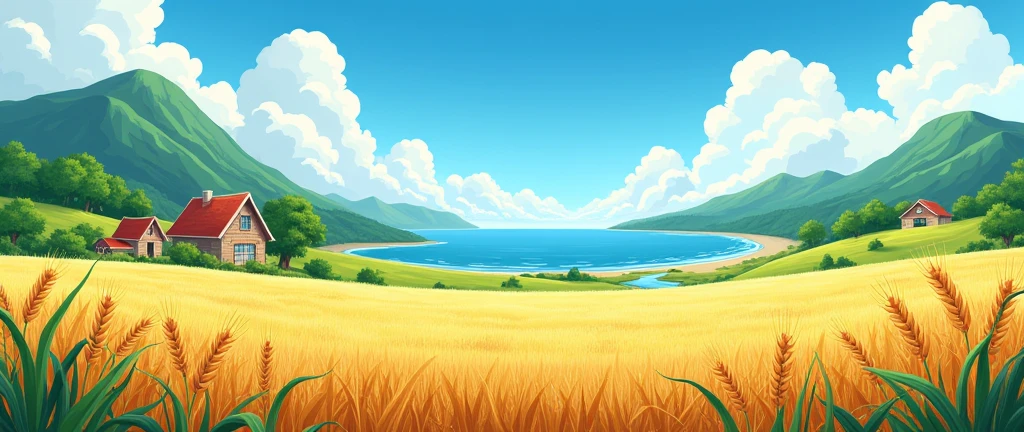 A picture including wheat field, farm, sea, green mountain, stream, meadow, sky, blue sky and white clouds, good-looking, multi-detailed, cartoon, illustration --auto --s2