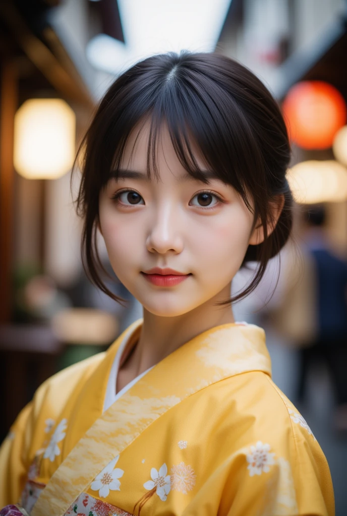 (Very beautiful  cute girl), (very  cute face:1.2),, (sparking crystal clear attractive large eyes), beautiful detailed eyes, Detailed double eyelids, (smiling), (realistic photograph:1.2),gorgeous yellow-colored apprentice geisha costume, furisode  costume,very beautiful japanese kimono, Costume lighting,in the street