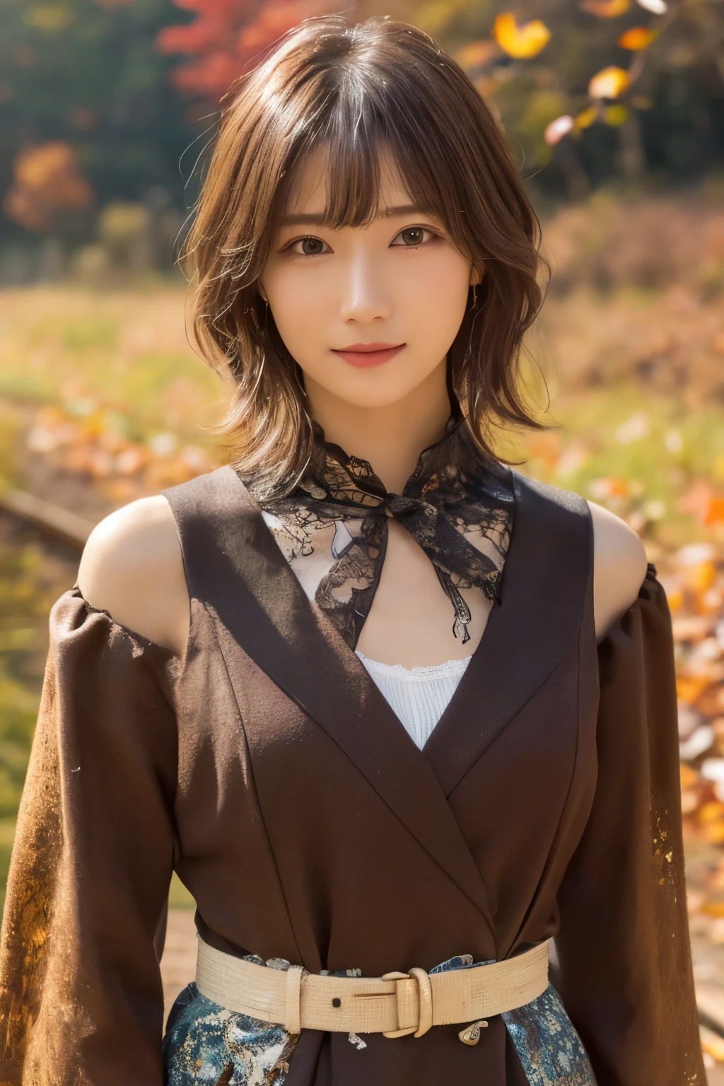  1 girl, A very beautiful portrait of a Japanese singer, (Fashionable fall outfits:1.2),
(RAW Photo Best Quality), (Realistic, Realistic:1.4), (masterpiece), 
 very detailed , 2k wallpaper, wonderful, finely,  very detailed ,  CG Unity 8k Wallpaper ,  very detailed ,  high definition , Soft light, 
 Beautiful Girl Carefully Drawn in Every Detail ,  very detailed な目と顔,  Beautiful and Elegant Nose ,  beautiful beautiful eyes,  Movie Lighting, 
(Bromide photography ), (short hair), (A shy smile:0.8), ( standing on the ruins of a rough railway:1.2), ( covered with weeds and rusted railroad tracks , Decayed sleeper :1.3), (autumn leaves),
 perfect anatomy, Slender body,  smaller breasts, Thin legs, whole body