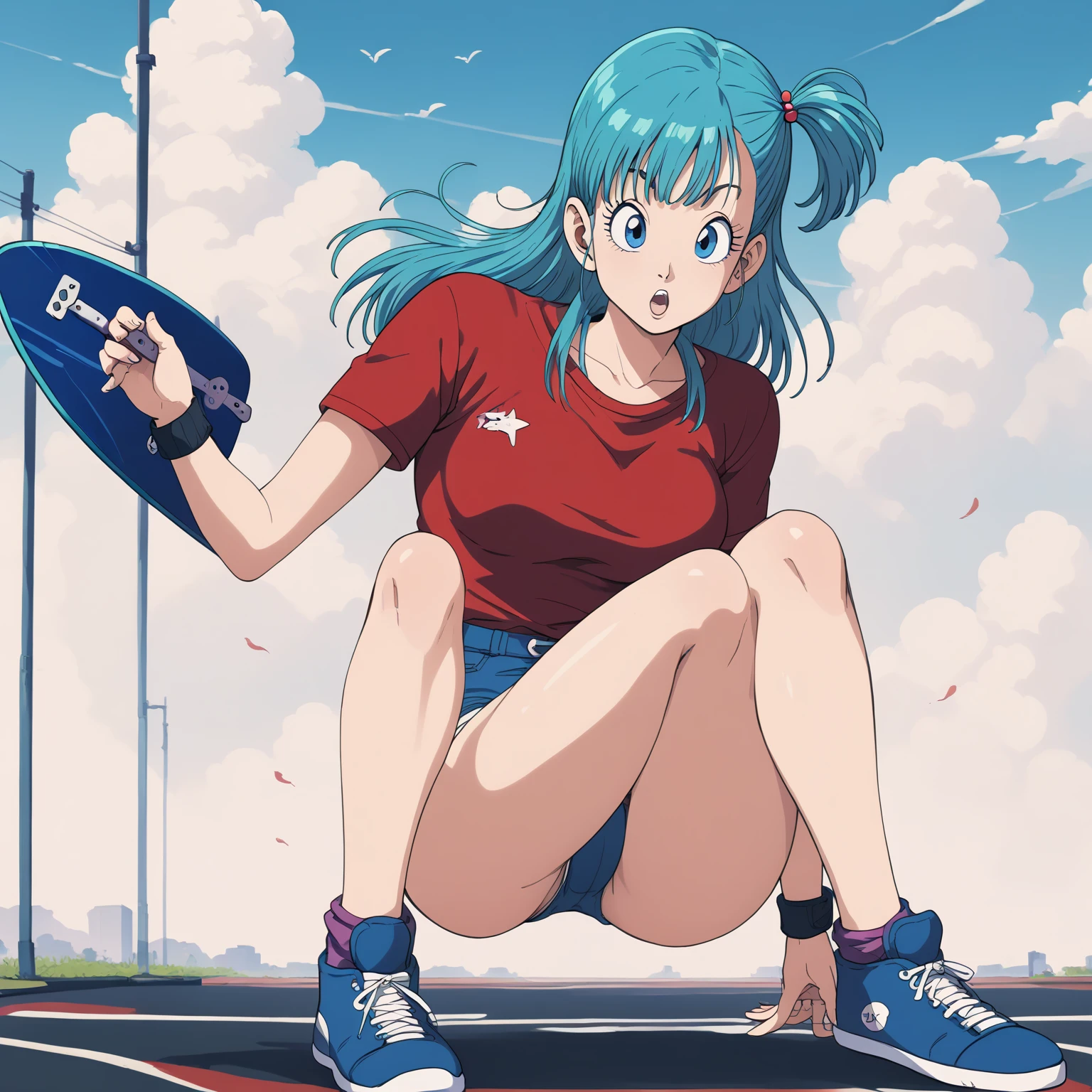 Three clones of Bulma wearing white bikinis, Big Breasts,riding skateboards in an action-packed scene. Each clone is in a unique dynamic pose, showcasing motion and balance on their skateboards. The background features a vibrant skate park or a smooth urban setting, with detailed lighting and shadows to emphasize their movements. Focus on their playful expressions, the flow of their hair, and the realism of their skateboarding stances.