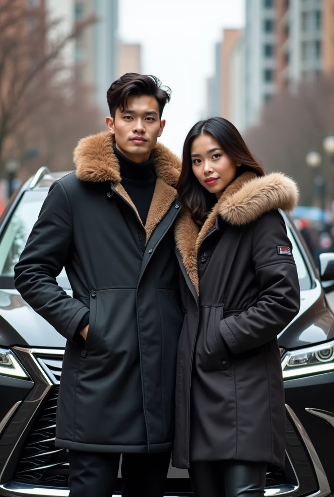 Seoasang kekasih romantis seorang lelaki tampan berambut hitam pakai pakaian jaket tebal berbulu, di sampingnya ada pacarnya wanita cantik berambut hitam sedang memeluk lelaki tersebut