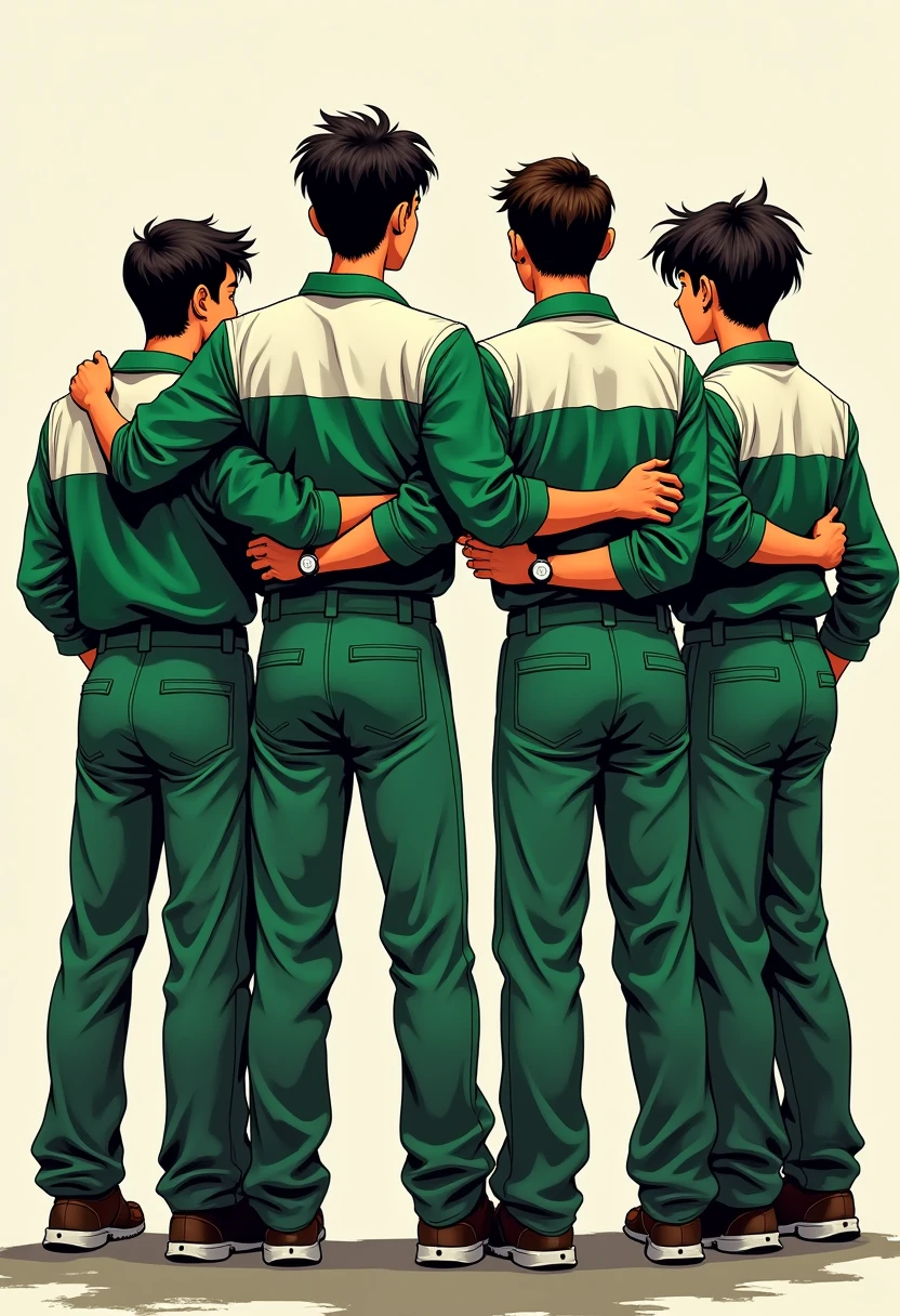 "Four high school teenage boys wearing SMK safety wearpack uniforms with short sleeves, standing side by side with arms around each other's shoulders and their backs facing the viewer. They are wearing gray pants, and the safety wearpacks are green with white on the shoulders, upper back, and collar areas, with the white part of the upper back more emphasized. The illustration combines hooligan ultras football art style and old-school Marvel comic art, featuring bold lines, high contrast, gritty textures, and dynamic energy, with a rebellious and powerful atmosphere."