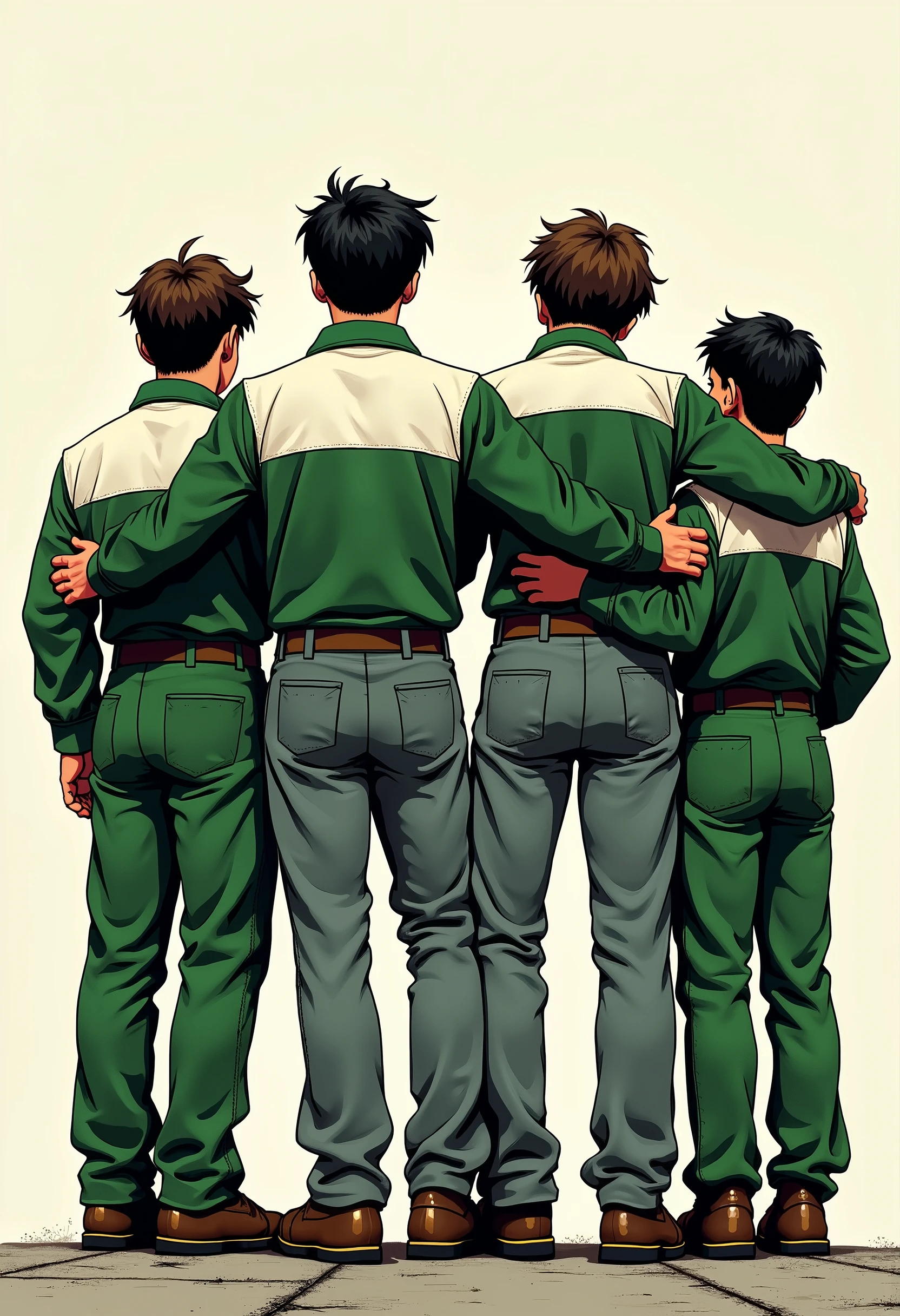 "Four high school teenage boys wearing SMK safety wearpack uniforms with short sleeves, standing side by side with arms around each other's shoulders and their backs facing the viewer. They are wearing gray pants, and the safety wearpacks are green with white on the shoulders, upper back, and collar areas, with the white part of the upper back more emphasized. The illustration combines hooligan ultras football art style and old-school Marvel comic art, featuring bold lines, high contrast, gritty textures, and dynamic energy, with a rebellious and powerful atmosphere."