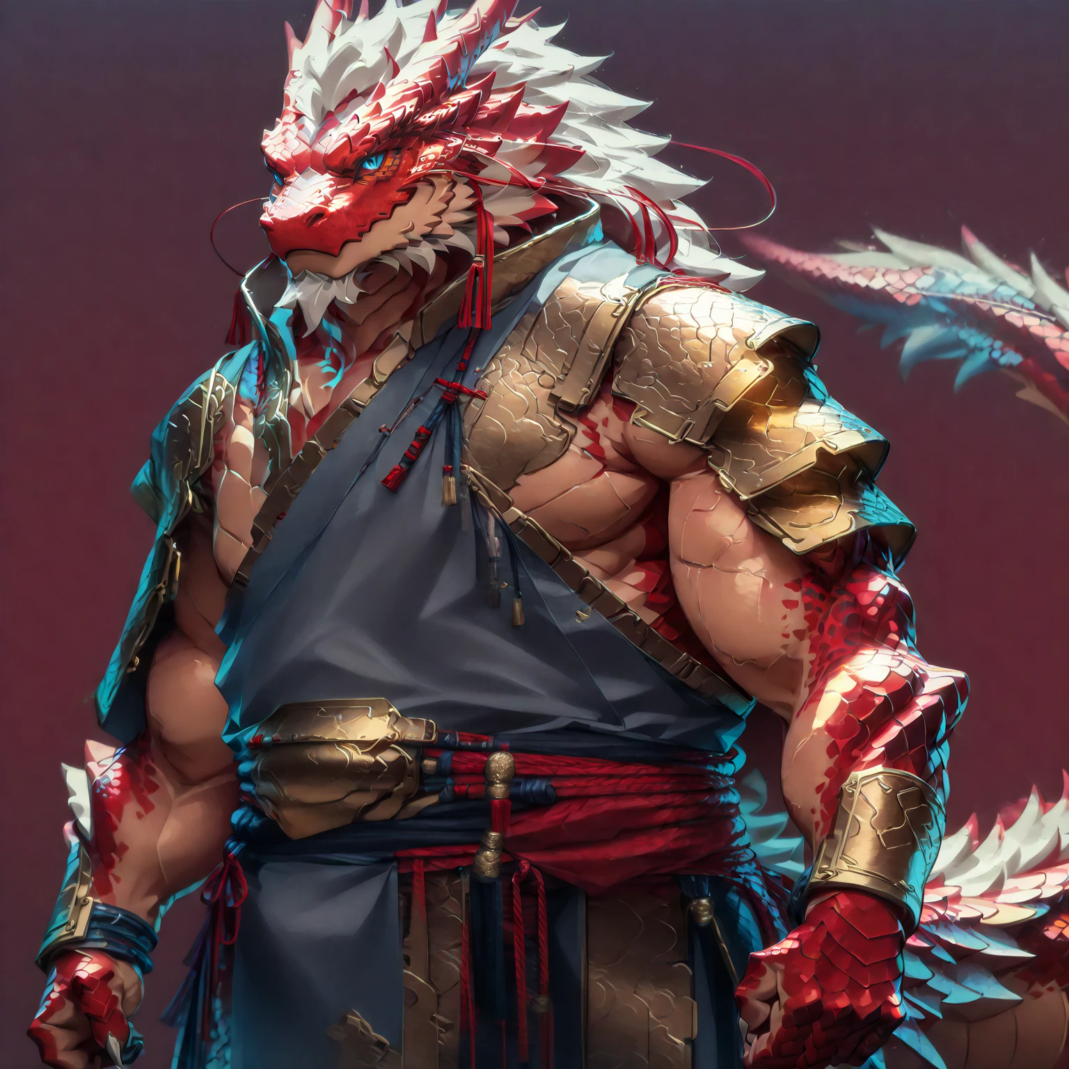 ### Main Character & Identity
(Oriental Dragon Furry:1.3), Strong muscular male, Mature Dragon, (Front view:1.2), Three-quarter body portrait, (anime style:1.2), (cartoon style:1.1)

### Physical Characteristics 
(exposed muscular chest:1.3), (defined arm muscles:1.2), (visible strong thighs:1.2), (clear abdominal muscles:1.3), (heroic pose:1.2)

### Dragon Characteristics
blue eyes, majestic antlers, flowing beard, (metallic red scales:1.8), white chest scales, gray mane, dragon tail, (detailed scale texture:1.4), sharp dragon claws

### Armor & Clothing
light oriental armor, minimal shoulder guards, (open chest design:1.3), arm bracers, waist armor, combat skirt, (exposed muscular areas:1.4)

### Background
(solid color background:1.3), (clean simple background:1.2)

### Quality Requirements
(masterpiece:1.4), best quality, ultra detailed, perfect lighting