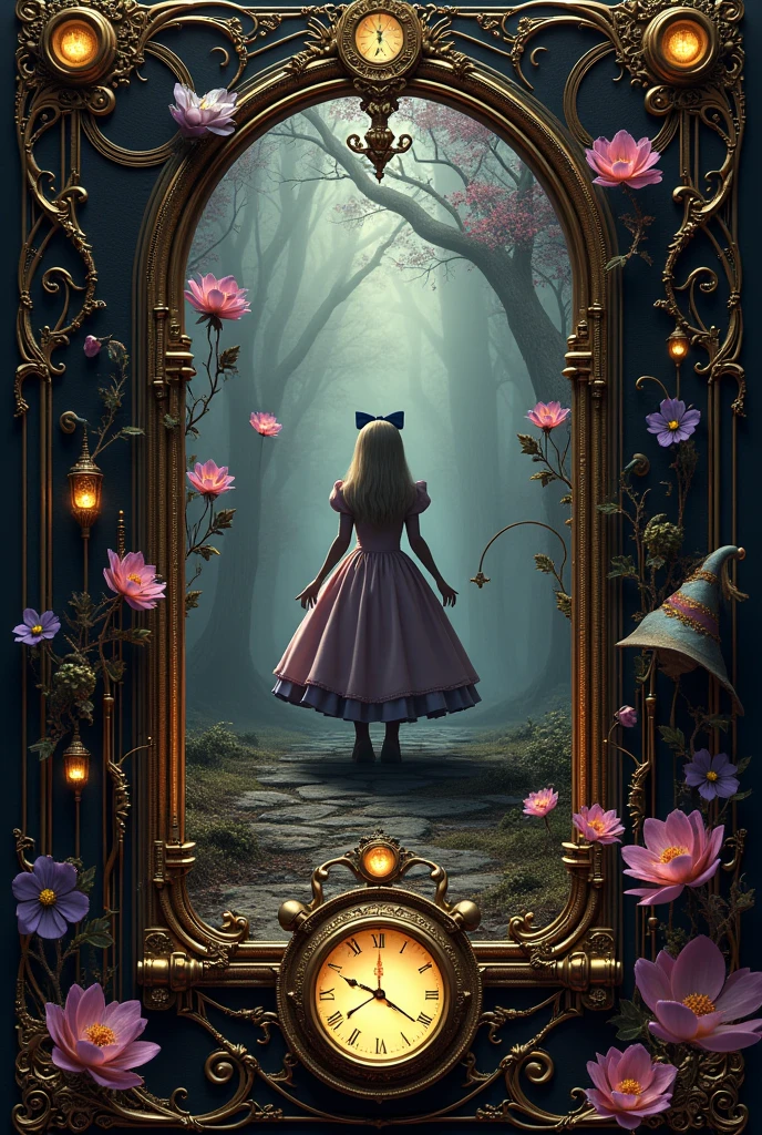   from Alice in Wonderland .  European and American 、 games' 、UI interface 、 dark system 、 gold, black, and purple tones、 light and shadow tones 、 scene interface 、 Ultra HD、 Ultra-fine 8K 