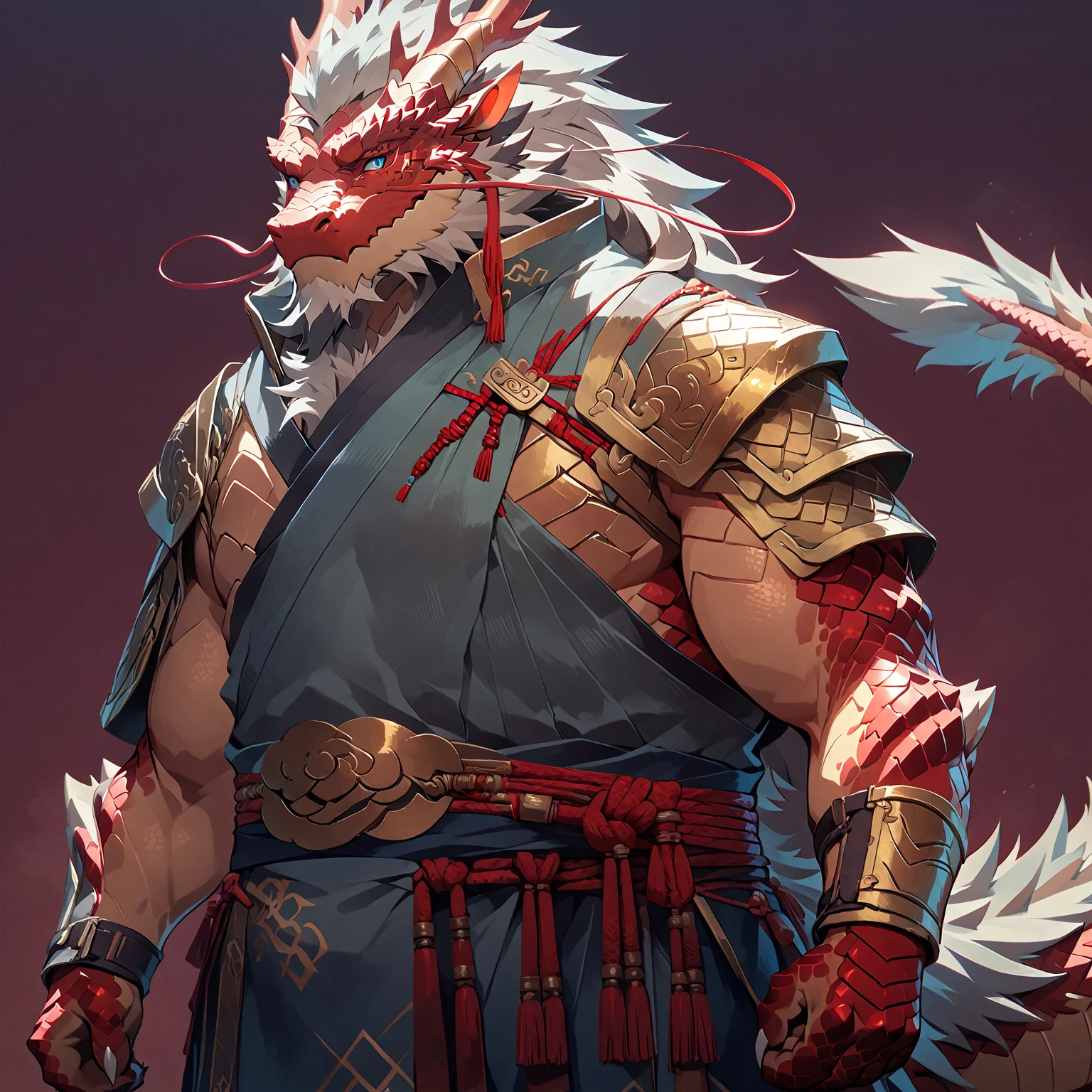 ### Main Character & Identity
(Oriental Dragon Furry:1.3), Strong muscular male, Mature Dragon, (Front view:1.2), Three-quarter body portrait, (anime style:1.2), (cartoon style:1.1)

### Physical Characteristics 
(exposed muscular chest:1.3), (defined arm muscles:1.2), (visible strong thighs:1.2), (clear abdominal muscles:1.3), (heroic pose:1.2)

### Dragon Characteristics
blue eyes, majestic antlers, flowing beard, (metallic red scales:1.8), white chest scales, gray mane, dragon tail, (detailed scale texture:1.4), sharp dragon claws

### Armor & Clothing
light oriental armor, minimal shoulder guards, (open chest design:1.3), arm bracers, waist armor, combat skirt, (exposed muscular areas:1.4)

### Background
(solid color background:1.3), (clean simple background:1.2)

### Quality Requirements
(masterpiece:1.4), best quality, ultra detailed, perfect lighting