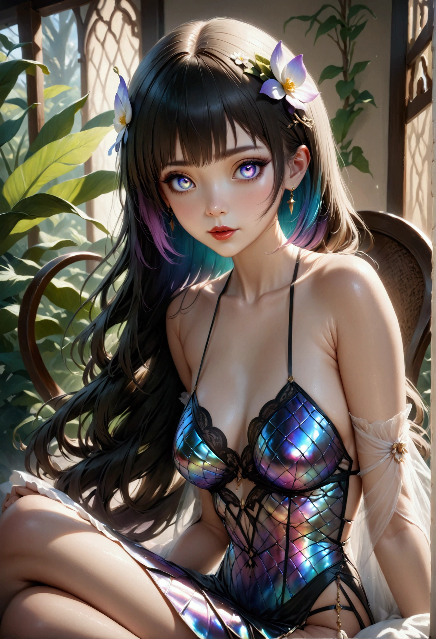 Beautiful girl story wrapped in love, Beautiful eye details, A captivating anime girl gracefully emerges from the pages of a watercolor painting, Her vivid and complex colors are, Bring your artwork to life, (see-through transparent clothes, Transparent costume:1.5), She dons an extraordinary fantasy costume adorned with delicate details, reflecting the enchanting world she inhabits, Luminescent elements, like glowing crystals and ethereal wisps, surround her, casting a soft, otherworldly glow, The style of watercolor painting is、Imbues the image with a sense of fluidity and delicacy, as if the colors are effortlessly blending and bleeding into one another, Camera shot: medium shot, Soft Focus, Luminescent glow illumination, watercolor brushstrokes, Sophisticated and very delicate anime illustration, unique colors, Portrait of an anime girl, infinite love, Irridescent color, beautiful girl illuminated by seven colors of light,