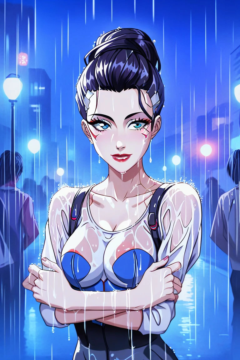 8K,  RAW Photo ,  is of the best quality, masterpiece:1.2),( actual , photo- actual :1.37),Tokyo Street,night, rain, Wet, cityscape ,night,  Cyberpunk City,Soft Light,1 Girl,, Extremely beautiful face,Break,Hands down,Random Hairstyle,Random hair color,Random Expression,Pigsney