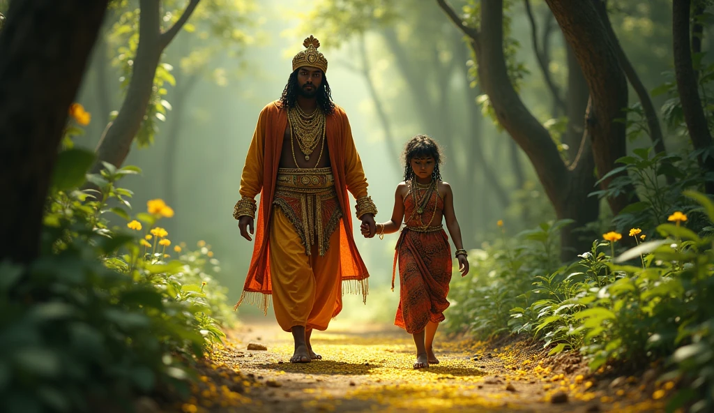 The Lakshmana Rekha:**
   - Illustrate Lakshmana drawing the protective circle (Lakshmana Rekha) around the hut before leaving. Show the tension in the atmosphere and Sita's uncertainty as she watches him leave.
