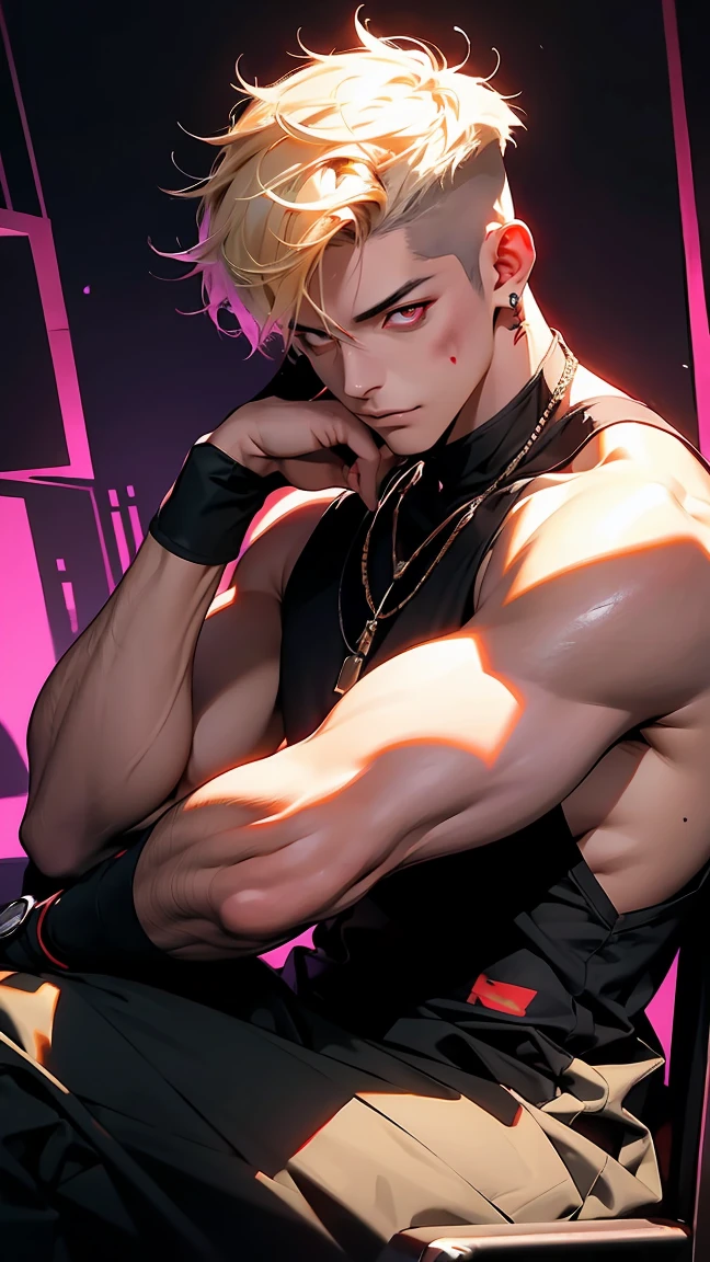 head to hip scale,hight angle,look at the viewer,pink hair,a muscular kpop idol boy ,handsome,big bicep,tight turtle neck clothes,idol clothes,chest harnest, black clothes tone,studio lighting,
