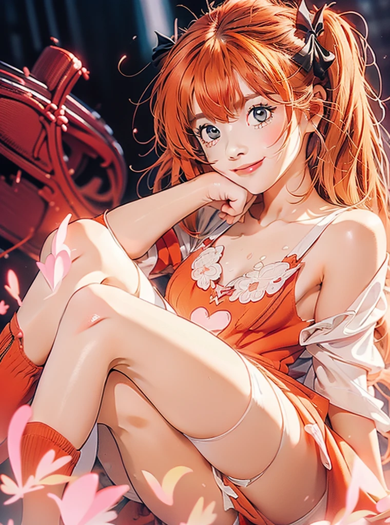 masterpiece, best quality, anime illustration,8k,hd, 1girl,solo:1.3, skinny girl, (good anatomy), detailed face, detailed hair, red angel, thighhighs, zettai ryouiki, twintails, orange hair, white thighhighs, torn dress, green eyes with heart-shaped pupils, (horny smile, in heat), small nipples, two legs, jk, (sitting, squating, squatting, spreading legs), spread crotch by hands, (bukkake on clothes, cum on clothes, cum on hair, cum on face), 