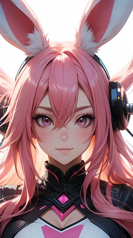 Anime Style, Cartoon close-up of a woman with bunny ears and a tail, With rabbit tail, Have bunny ears, Girl Design, times,  portrait, Gisha,  anime illustration , Long Hair,  Pink Hair, Hair over the ears,  happy ,  Sophisticated and Strong Appearance , exotic, Tall  