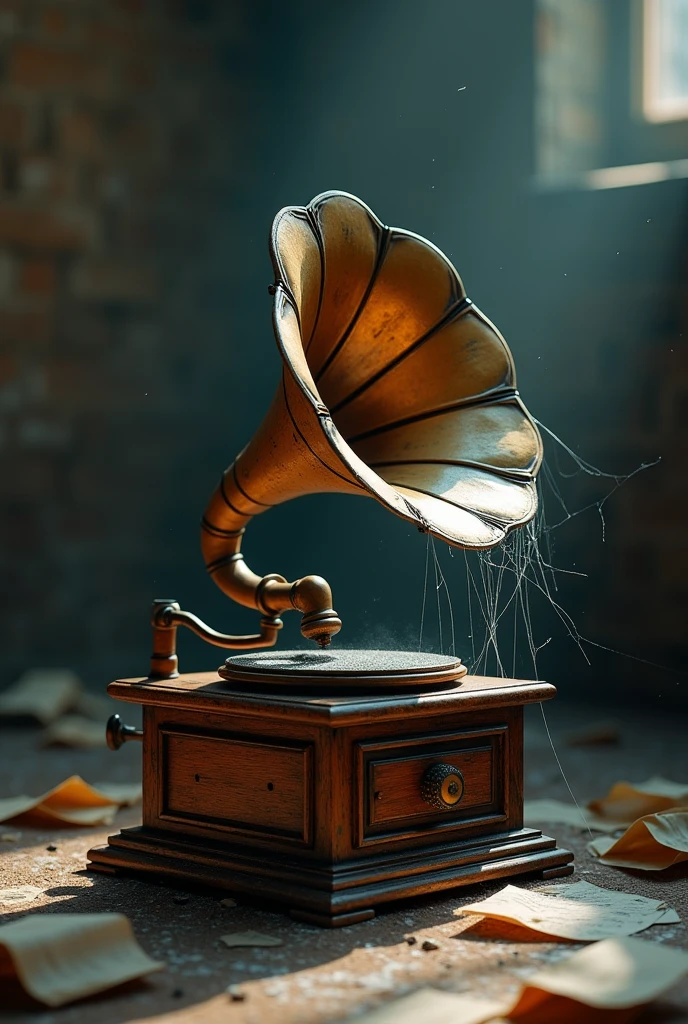 Old wooden gramophone, dusty, spider web