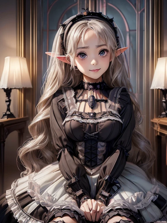 masterpiece, (((Gothic Lolita Costume: 1.5))), (((The most beautiful and perfectly symmetrical face))),  best quality,  high resolution CG Unity 8K wallpaper ,((female 1 person, Seated statue)), (  VERY BEAUTIFUL８Age girl ,  gentle face with droopy eyes ), ((( long pointed ears ))), Small bedroom at a cheap hotel ,  elegant sparkling long wave platinum blonde hair ,  shiny lips , Stylish makeup, ((Self-illuminating skin)), (( toned and slender body, Beautiful, perky breasts)), ( Sweaty and wet white skin), ( gentle smile touching your head), cute,Perfectly symmetrical eyes, fine grain, Key Art, Awards,  Exquisite Details Realism HDR ,  photorealism  ,  Perfect Slim Body , Ultra-realistic,  dramatic light  ,  Great views  ,  in four-frame comic style,