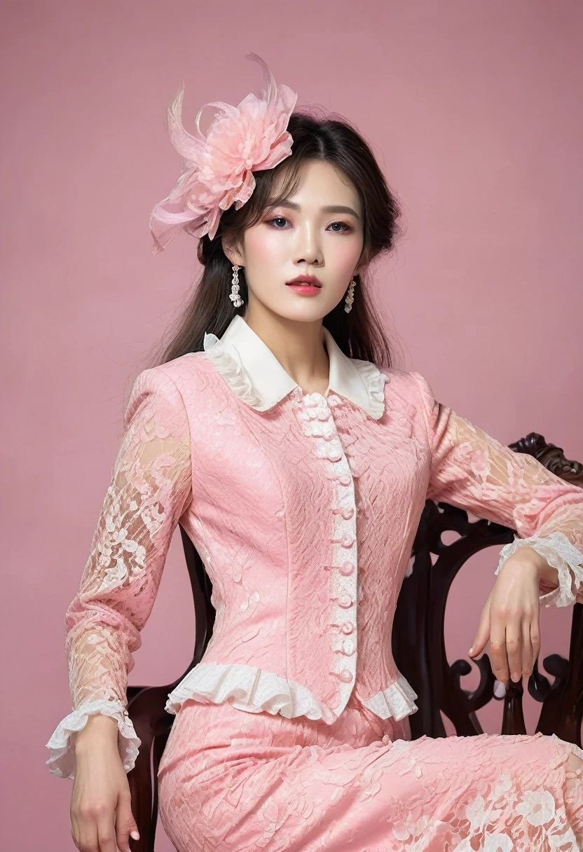 A Korean man in ladies vintage suit dress, he is crossdresser, body like a woman, slender female body, white and pink, Rich lace and frills, long sleeves, jacket, mermaid line long skirt, tweed, sit quietly, His hairstyle is short and manly