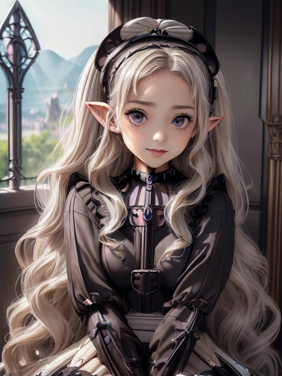 masterpiece, (((Gothic Lolita Costume: 1.5))), (((The most beautiful and perfectly symmetrical face))),  best quality,  high resolution CG Unity 8K wallpaper ,((female 1 person, Seated statue)), (  VERY BEAUTIFUL８Age girl ,  gentle face with droopy eyes ), ((( long pointed ears ))), Small bedroom at a cheap hotel ,  elegant sparkling long wave platinum blonde hair ,  shiny lips , Stylish makeup, ((Self-illuminating skin)), (( toned and slender body, Beautiful, perky breasts)), ( Sweaty and wet white skin), ( gentle smile touching your head), cute,Perfectly symmetrical eyes, fine grain, Key Art, Awards,  Exquisite Details Realism HDR ,  photorealism  ,  Perfect Slim Body , Ultra-realistic,  dramatic light  ,  Great views  ,  in four-frame comic style,