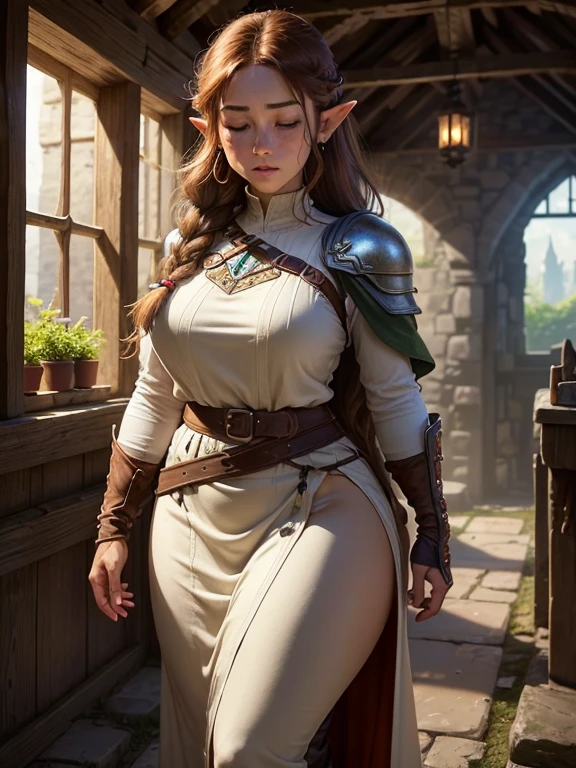 ((Medieval fantasy setting)). Tags: super detail, high details, high quality, best quality, highres, 4K, detailed face, face fix, detailed hands, detailed fingers, portret, 1girl "Echo is a 22-year-old half-elf. She has light brown skin. Thick light chestnut hair with caramel highlights and soft waves. Brown eyes with green hues. Her beautiful face is oval with soft features and pronounced cheekbones. She has full and attractive lips with a natural blush. A slight scar over her right eyebrow. Her ears are small like a human's but pointed like an elf's. Her physique is athletic and slim, she toned and flexible. She has a round and elastic body shapes."
Clothing. Dress with a simple, straight line, length to the ankles. The free cut allows you to move and work easily without restricting your movements. The sleeves are long, with the possibility of rolling them up if necessary. Color: Light brown or beige.
Details: At the waist - a thin belt made of the same material as the dress itself. The absence of any decorative elements or embroidery makes it ideal for camouflage among ordinary people.
Background: Medieval village, old houses, sloping wooden fences.
Tags: (covered nipples)