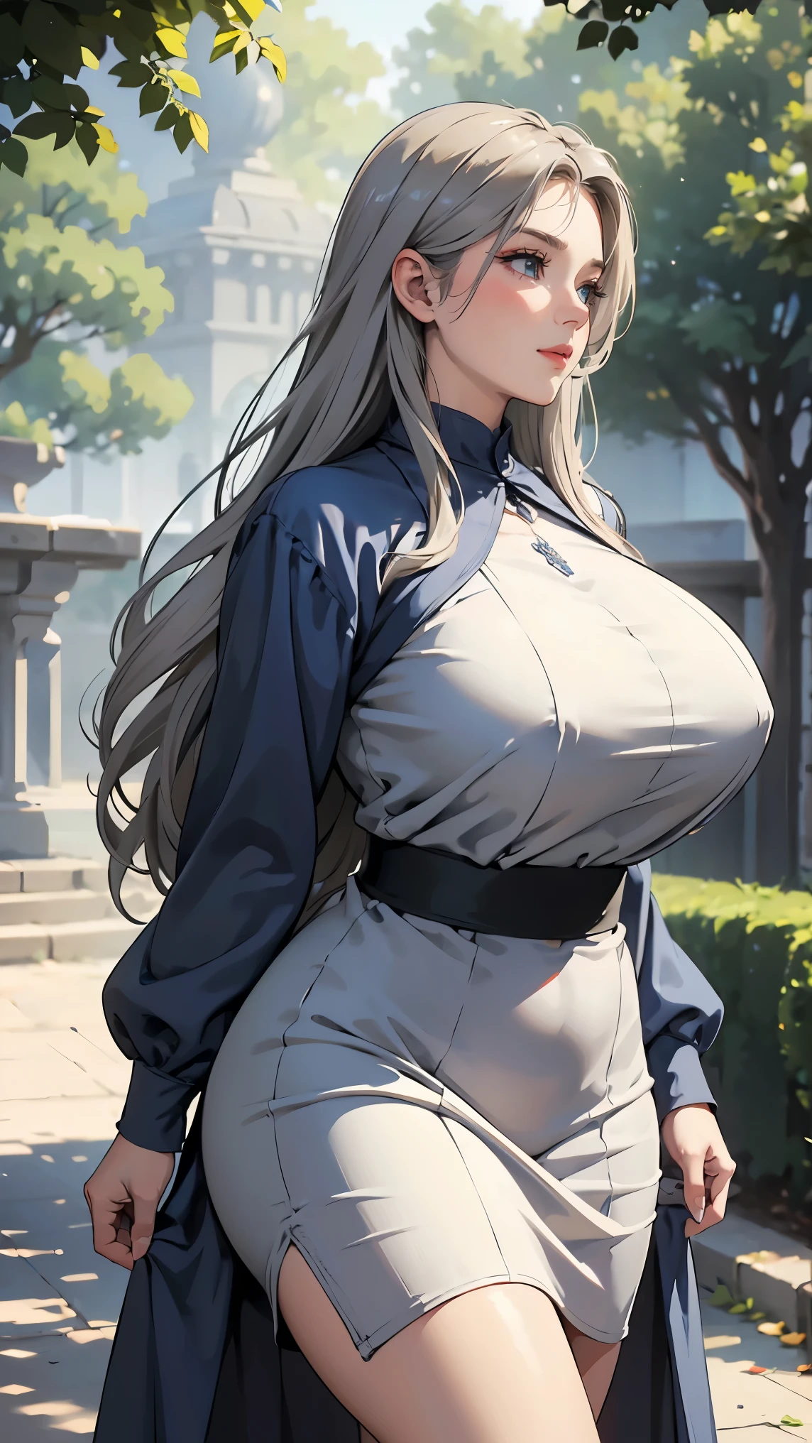 a beautiful matronly woman with abnormally huge round breasts, (((thin body))), pleasant smile, vibrant flare skirt shirtwaist dress, long gray hair, realistic profile view, looking directly at the camera, her breasts are huge, bulging, and well-rounded