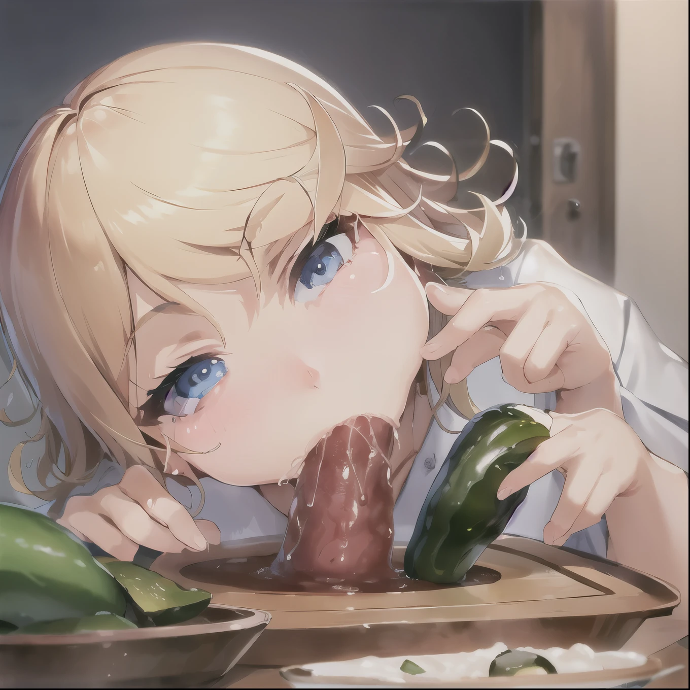 1 girl, to throw, Fellatio with caress on the cheek, ( cheek bump:1.2), blonde, Blue eyes, [1 :board:2], saliva, only focus,  Head Tilt,  Best quality, [pen:(((pepino))):2], kitchen
