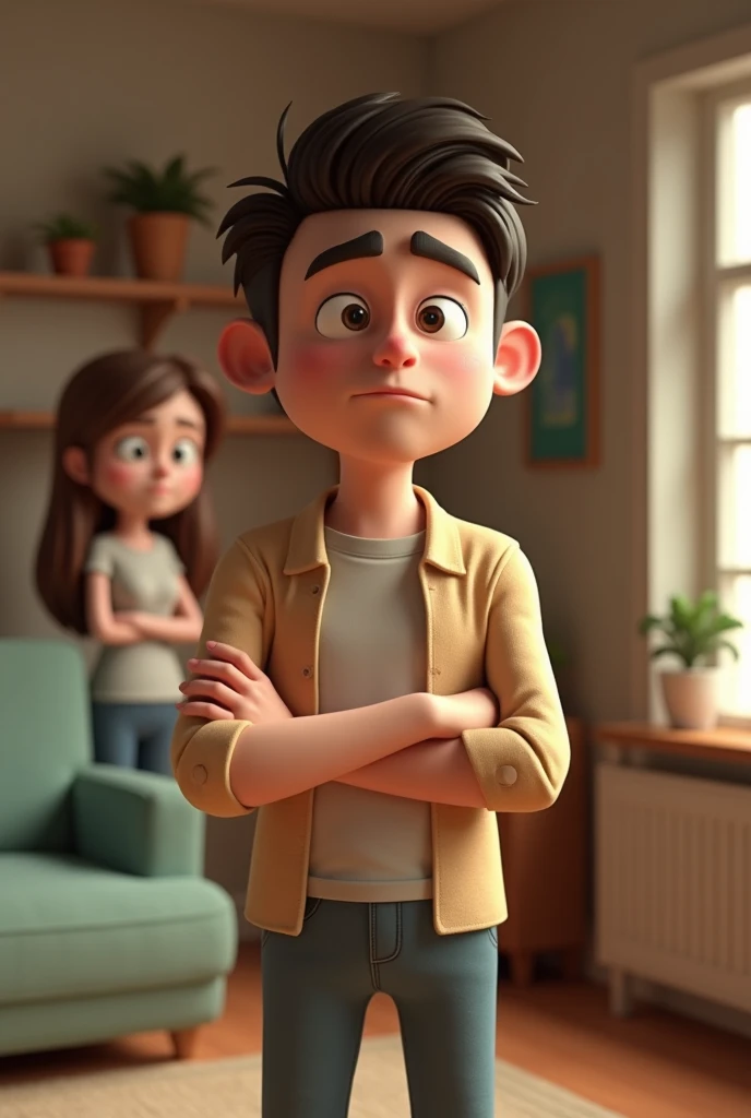 A 3D young male teacher see your student Infront with the gentleman expression without smiling 