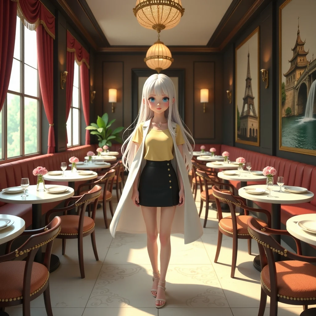 young woman, beautiful, eyes are blue,  white hair , Black Skirt ,  Yellow T-shirt and Light Cape ,  Cute with Long Hair ,  Translucent glasses ,  Standing in the Restaurant Center ,  Pushes back the chair ,  ready to sit at a table ,  Restaurant with Beautiful Round Marble Tables, fresh flowers,  on the walls Luxurious Patterned Images ,  All sorts of Wooden curtains Wicker with beads ,  Each table is separated into sectors ,  Beautiful tile floor design , 8 k,  best quality ,