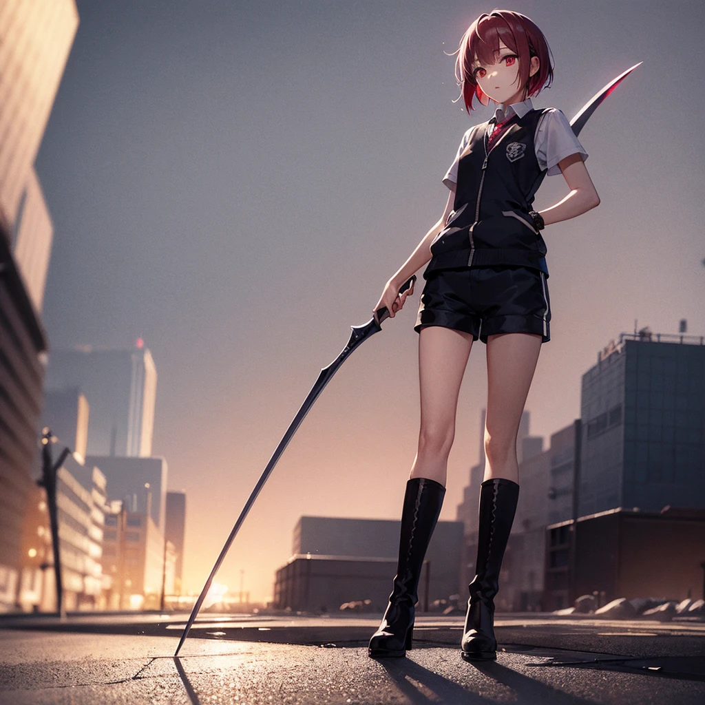  1 girl、(masterpiece,  best quality),( detailed hair),  super detailed, Anime Style, whole body,  High  Girls 、 She's wearing a black sailor suit and 、 have milky white and red hair and short hair。.、red eyes、 Wearing boots,  Digital Painting , 8k high resolution, whole body, White background,  dynamic pose to focus on pussy、Standing in a desolate place、big blade、 Sleep shorts and vest  、 dynamic composition、grim Reaper&#39;Sickle、