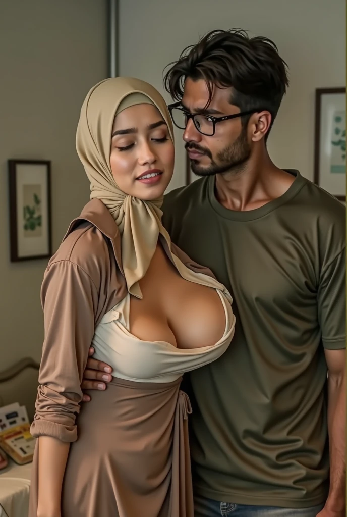 Masterpiece, A beauty Tokti with hijab, cute, romantic, best quality, 2others, naked couple, mature, adult, height difference, different pose sex, intimate sex, smile, happy, love, bedroom, night scene, man touch nipple, man with short hair, man with big penis realistic, woman with long black hair, woman with huge breast, open legs show pubic hairs, dark hairy pussy, perfect anatomy 