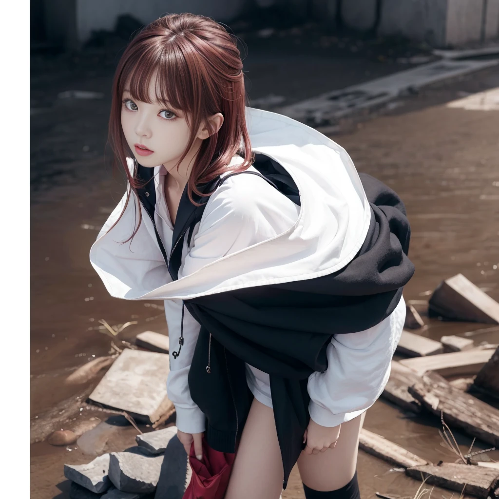  1 girl、(masterpiece,  best quality),( detailed hair),  super detailed, Anime Style, whole body,  High School Girls 、 She's wearing a black sailor suit and 、 have milky white and red hair and short hair。.、red eyes、 Wearing boots,  Digital Painting , 8k high resolution, whole body, White background,  dynamic pose to focus on pussy、Standing in a desolate place、big blade、 Sleep shorts and vest  、 dynamic composition、grim Reaper&#39;Sickle、