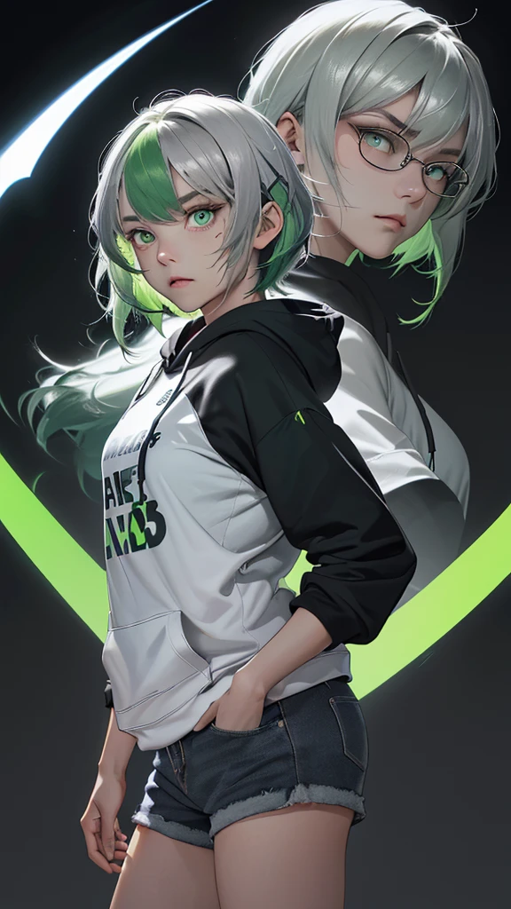    movie poster with young woman as protagonist 、 (Silver_hair, green_hair,two-tone_hair:1.4)、( long hair :1.2)、(light green clear eyes 1 .3)Glare、  her face has a stiff expression  ,  black plain hoodie  、(  white simple background 1 .4)、Rough, With danger and tension、 Rear shot 、( short bang :1.3)、(Glare:1.4)、anger