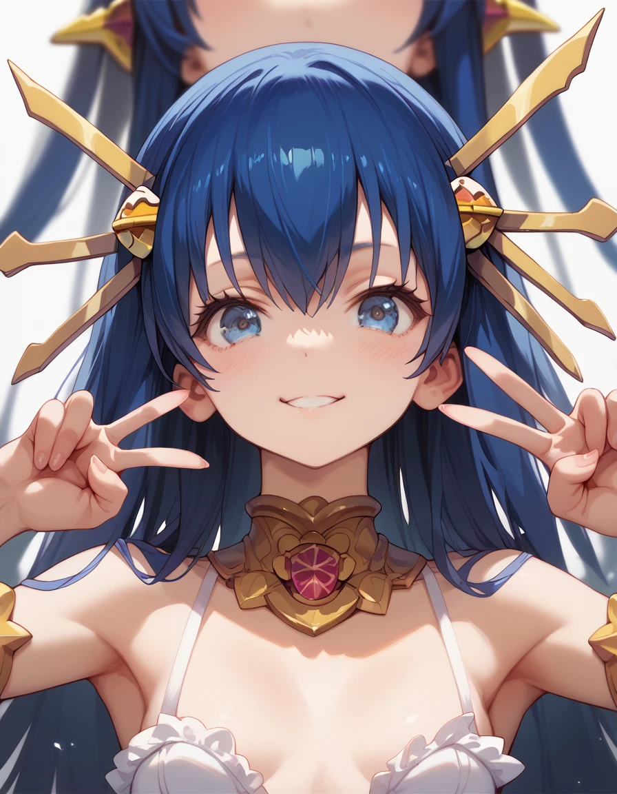 masterpiece, high definition , best quality,8k, detailed face 
(His Parapara Leazas, blue hair ,long hair,Slim body,Petite,Small breasts) ahe face, double peace sign