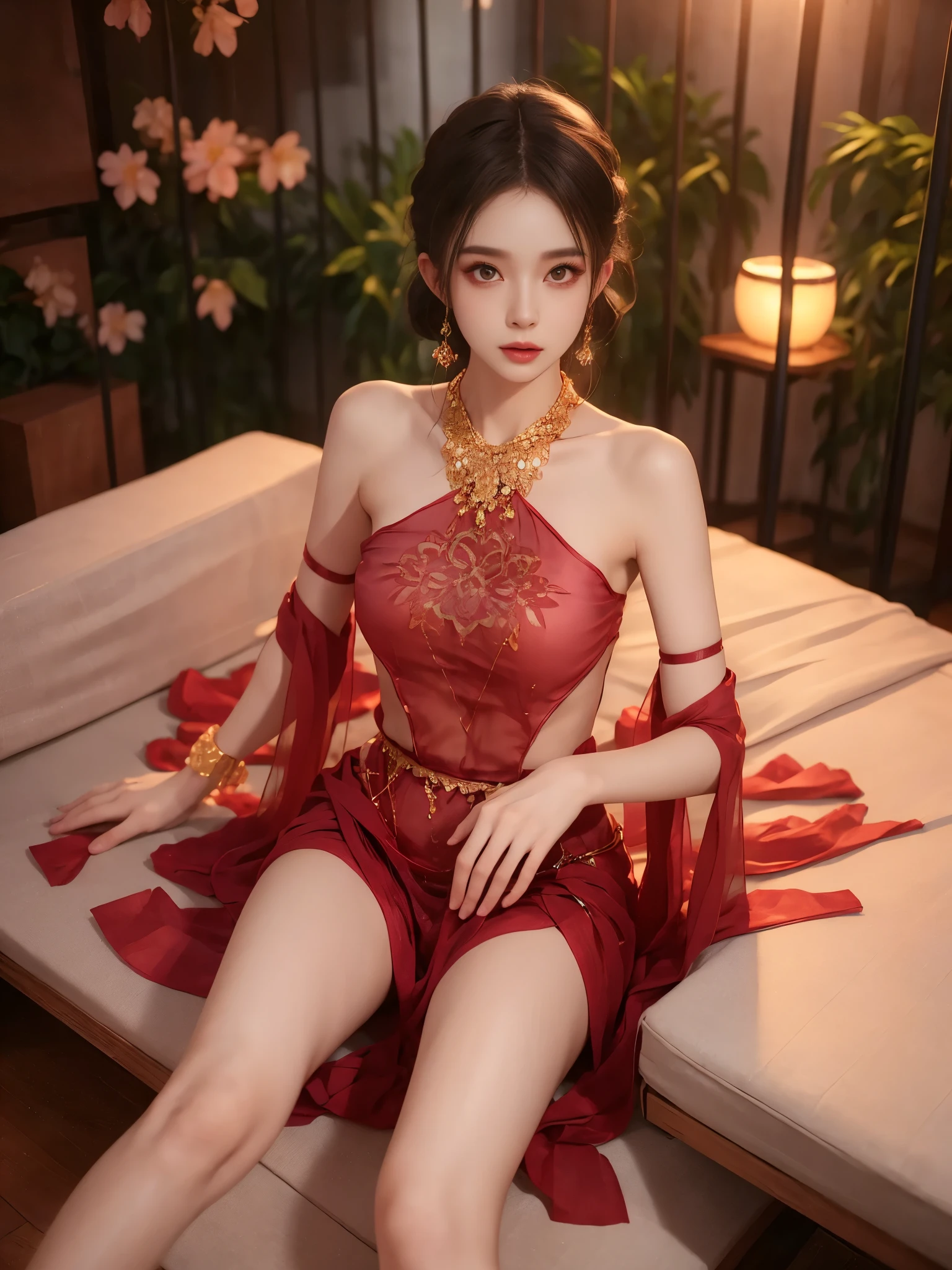 ((full body)), ((top-down aerial view)), ((Night, warm colors, petals, many petals)), ((lying on bed)), ((natural knee bend)), ((relaxed posture)), 1girl, solo, dark moody style, photorealistic, beautiful feminine face, soft delicate features, ((perfect anatomical proportions)), shapely figure, long toned legs, (highly detailed skin texture:1.3), flawless complexion, ((silk bedding)), ((crumpled sheets)), natural ambient lighting, professional boudoir photography, crisp focus with subtle depth of field, 8k ultra hd, cinematic composition, dramatic shadows, studio lighting setup, intimate atmosphere, high-end fashion editorial, (hyperrealistic skin details), volumetric lighting, premium camera lens bokeh, sophisticated mood.