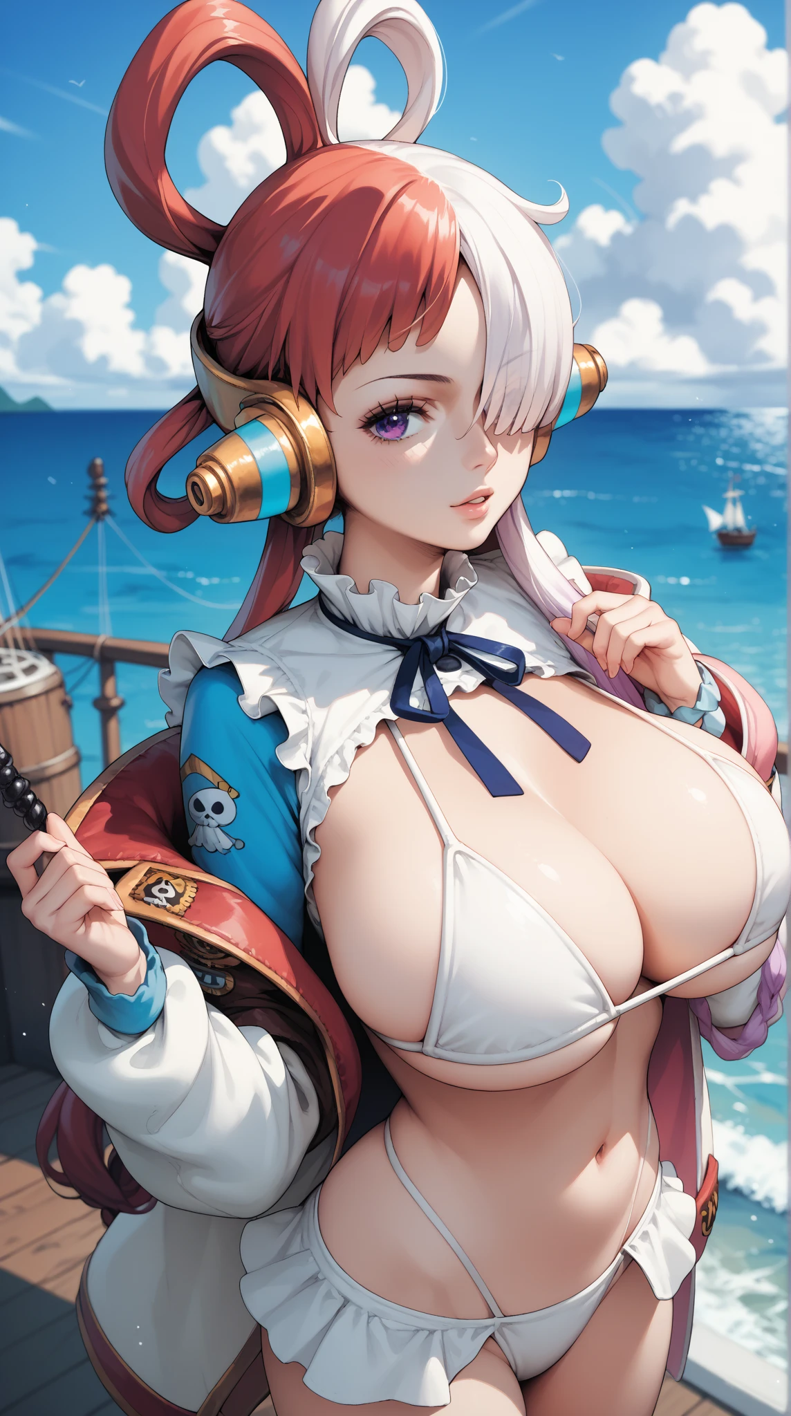 best quality, source_anime, 1girl, Uta, purple eyes, long hair, split-color hair, hair over one eye, hair rings, headphones, white dress, frills, neck ribbon, single sleeve, long sleeve, huge breasts, sea, pirate ship, mini bikini, 