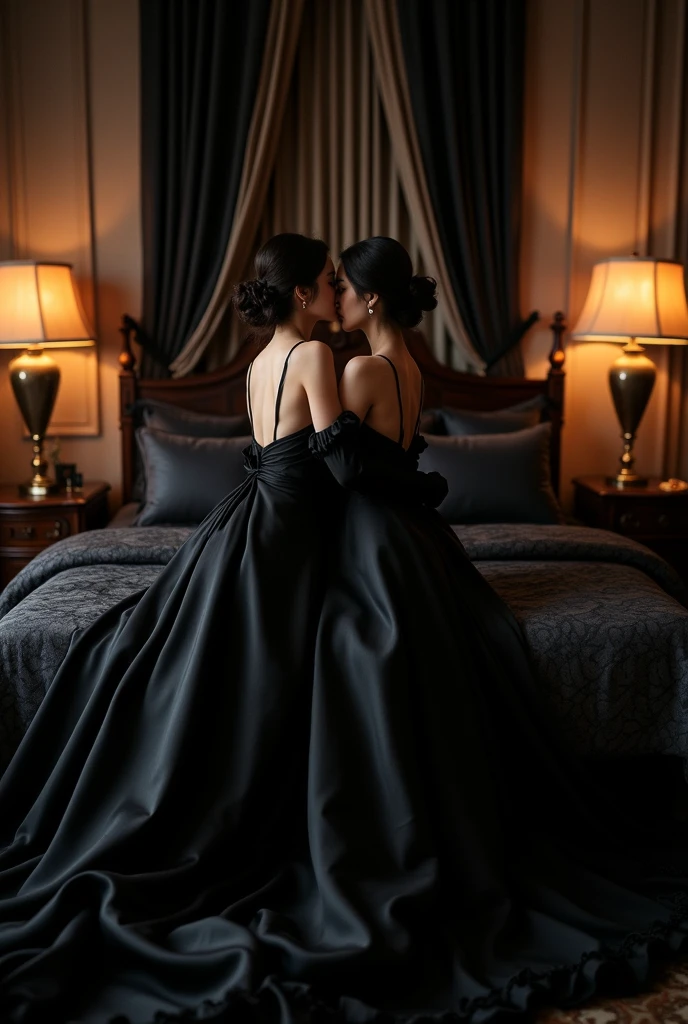 ultra quality, masterpiece, ultra resolution, longshot view, artwork, super それにget used to it, many get used to it, get used to it, それにget used to it, top view angle shows the entire mattress,love,romantic,Five persons,((Four Mothers and One Daughter)),((Four Mature Women and One Little Girl with the crowns)),((Four Mature Women lips kissing embrace and holding One Little Girl)),((Four Mature Women holding hands and One Little Girl sat between Four Mature Women)),((midnight black satin velvet oversize ballgown dresses)),((Oversize weared midnight black satin velvet dresses)),((Full-length dresses train skirt stretched down and flared covered the entire bed)),((Full of luxurious satin velvet fabric stretches and covers the the entire bed)), luxurious shiny midnight black satin velvet ballgown dresses, Sitting kiss and embrace on the bed,((One Little Girl facing Four Mature Women kissing)),((Gorgeous queen rococo robe satin velvet ballgown dresses with voluminous full-length stretched down and flared train skirt)),long size midnight black ballgown dresses,full-length arm midnight black satin velvet gloves,((long midnight black satin velvet gloves)),((floor-length midnight black satin velvet ballgown dresses with a skirt that stretched down to cover the bed)),A ballgown dresses with full shiny midnight black satin velvet fabric material...,((Four Mature Women hold and hugging One Little Girl)),luxury bedroom,((Palace full shiny midnight black bedroom)),((The bed full covered of stretched and flares satin velvet fabric)), ((Long midnight black bludru velvet bedroom material)),Frilled silk velvet bedroom midnight black bludru pillows on the bedroom,Two Mature Woman hugging Little Girl,One Little Girl's body surrounded and covered by Four Mature Women's dresses skirt,((Four Mature Women is sitting kiss embrace One , One  sitting in the bed between Four Mature Women)),luxurious ruffled midnight black curtains