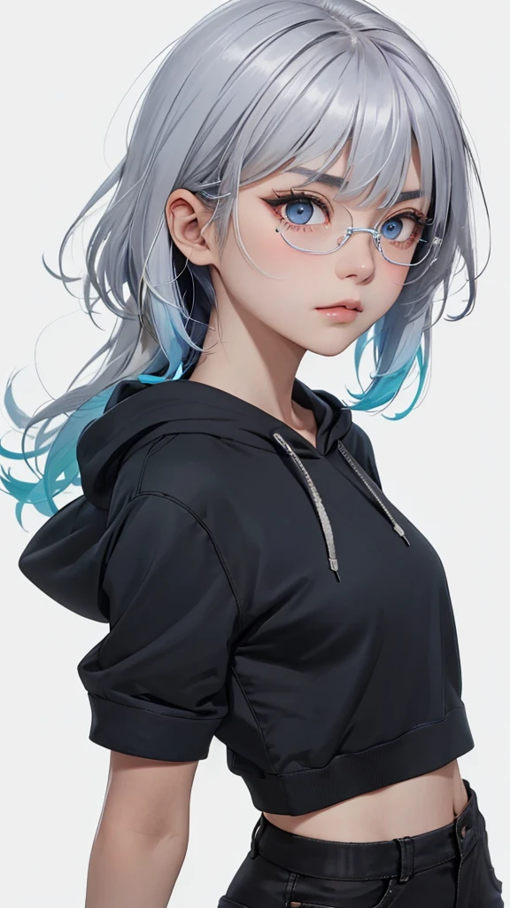  One young woman、 movie poster with young woman as protagonist 、 bust shot 、 (Silver_hair, blue_hair,two-tone_hair:1.4)、(long hair :1.2)、(light Silver clear eyes 1 .3)Glare、  her face has a stiff expression  ,  black plain hoodie  、(  white simple background 1 .4)、Rough, With danger and tension、 Rear shot 、( short bang :1.3)、(Glare:1.4)、anger