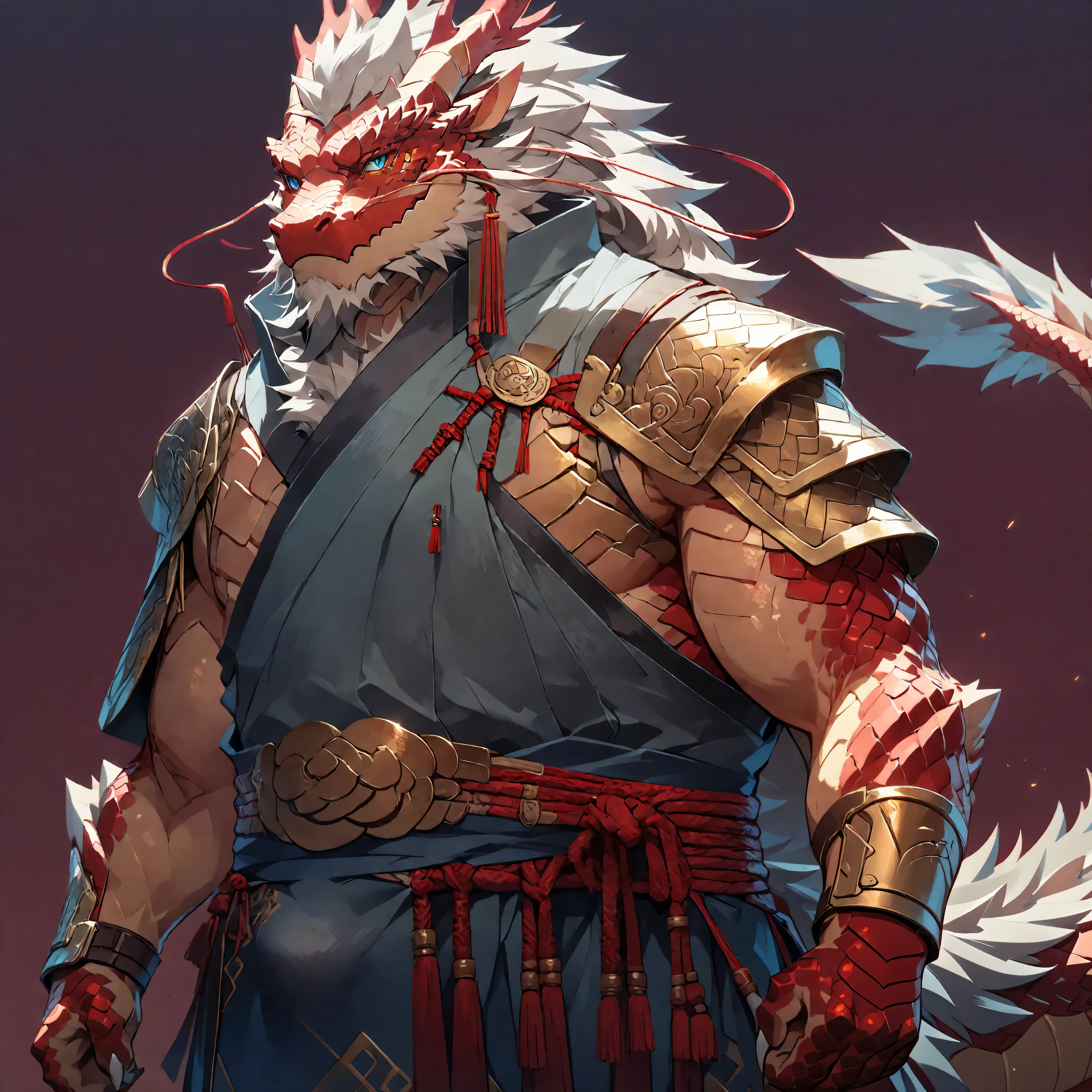 ### Main Character & Identity
(Oriental Dragon Furry:1.3), Strong muscular male, Mature Dragon, (Front view:1.2), Three-quarter body portrait, (anime style:1.2), (cartoon style:1.1)

### Physical Characteristics 
(exposed muscular chest:1.3), (defined arm muscles:1.2), (visible strong thighs:1.2), (clear abdominal muscles:1.3), (heroic pose:1.2)

### Dragon Characteristics
blue eyes, majestic antlers, flowing beard, (metallic red scales:1.8), white chest scales, gray mane, dragon tail, (detailed scale texture:1.4), sharp dragon claws

### Armor & Clothing
light oriental armor, minimal shoulder guards, (open chest design:1.3), arm bracers, waist armor, combat skirt, (exposed muscular areas:1.4)

### Background
(solid color background:1.3), (clean simple background:1.2)

### Quality Requirements
(masterpiece:1.4), best quality, ultra detailed, perfect lighting