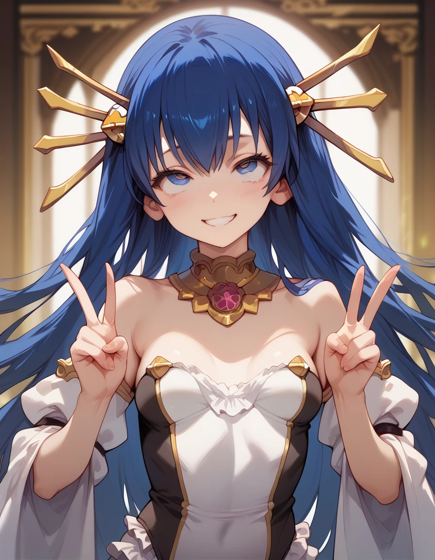 masterpiece, high definition , best quality,8k, detailed face 
(His Parapara Leazas, blue hair ,long hair,Slim body,Petite,Small breasts) rolling eyes,smile, double peace sign